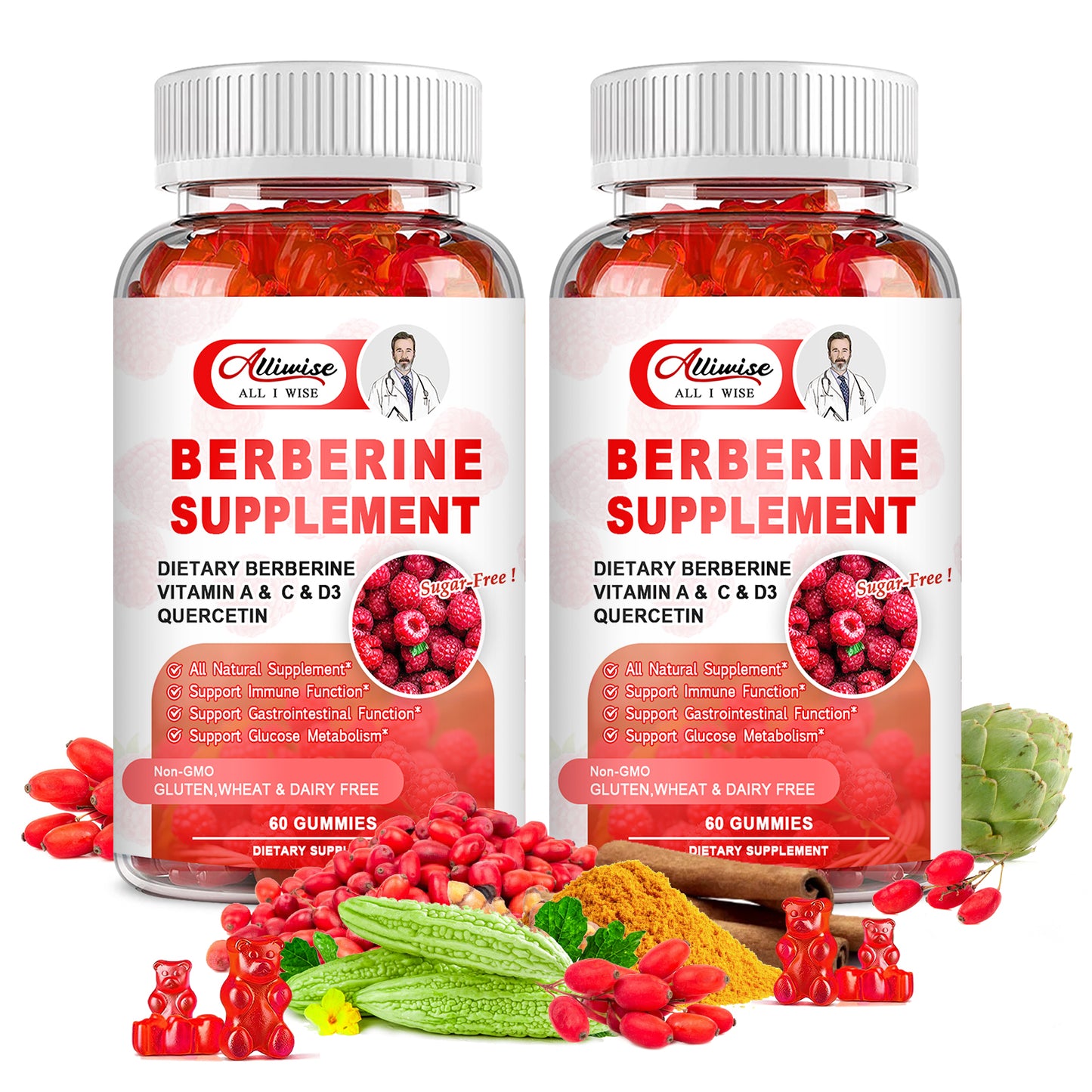 Sugar-Free Berberine Supplement Gummies, Organic Berberine HCL 1500mg with Ceylon Cinnamon, Quercetin, Multivitamin, Support Immune & Gastrointestinal Function & Glucose Metabolism for Women & Men