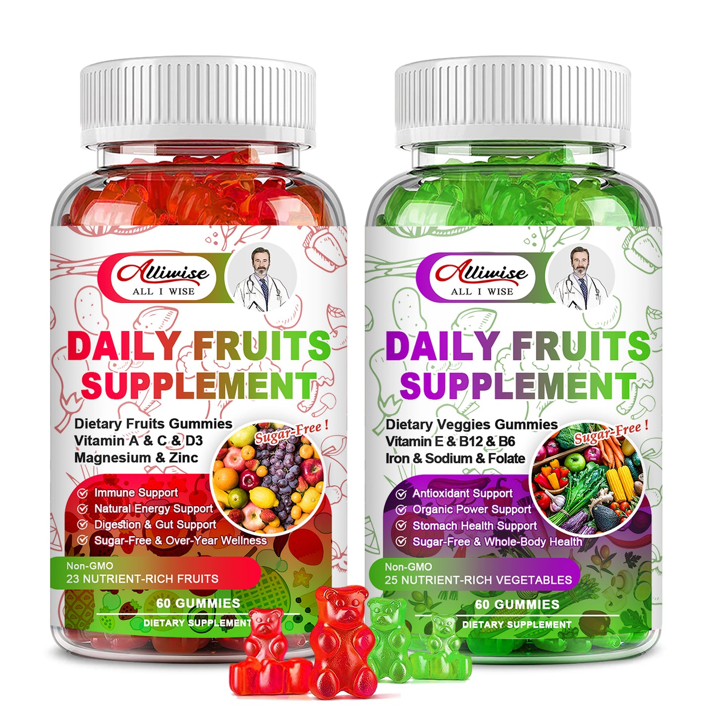 Sugar-Free Fruits and Veggies Organic Gummies Supplement, Multi-Vitamins & Minerals in Gummies, Natural Fruits and Vegetables Supplement, Immunity & Antioxidant & Energy Supplements for Women & Men