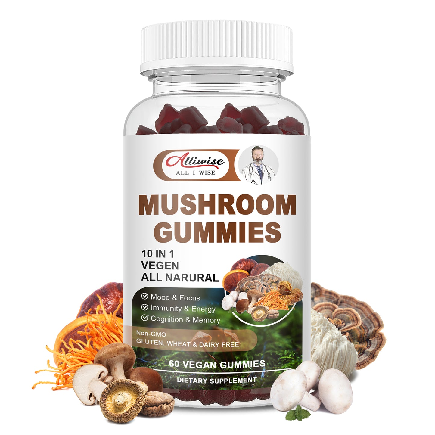 Lions Mane Mushroom Supplement Gummies, 10-in-1 Organic Mushroom Gummy Blend, Advanced Mushroom Complex with Reishi, Chaga, Shitake, Cordyecps, Supports Immunity, Focus, Energy, Mood for Men & Women