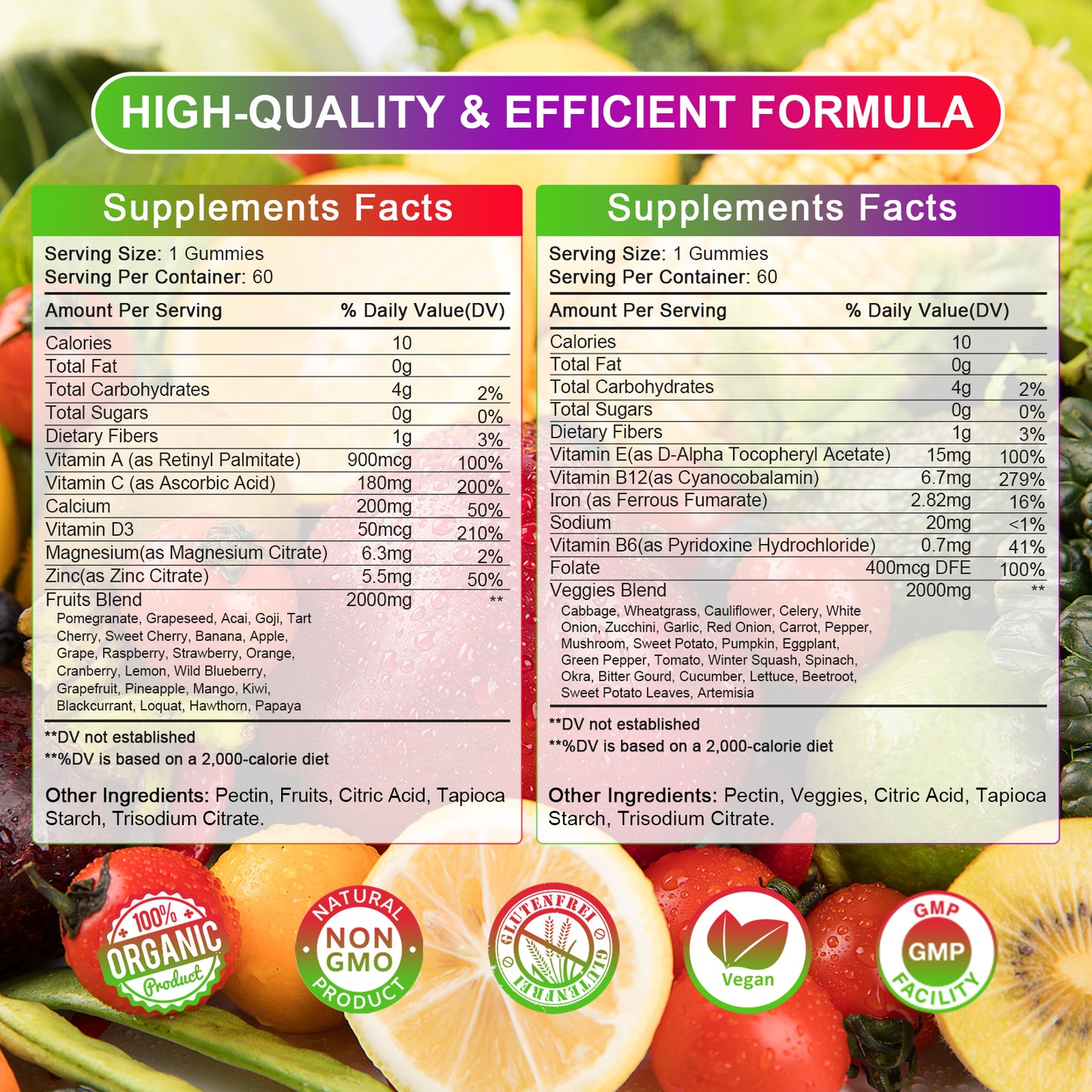 Sugar-Free Fruits and Veggies Organic Gummies Supplement, Multi-Vitamins & Minerals in Gummies, Natural Fruits and Vegetables Supplement, Immunity & Antioxidant & Energy Supplements for Women & Men