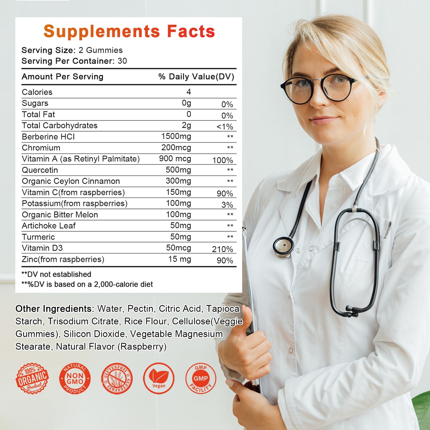 Sugar-Free Berberine Supplement Gummies, Organic Berberine HCL 1500mg with Ceylon Cinnamon, Quercetin, Multivitamin, Support Immune & Gastrointestinal Function & Glucose Metabolism for Women & Men