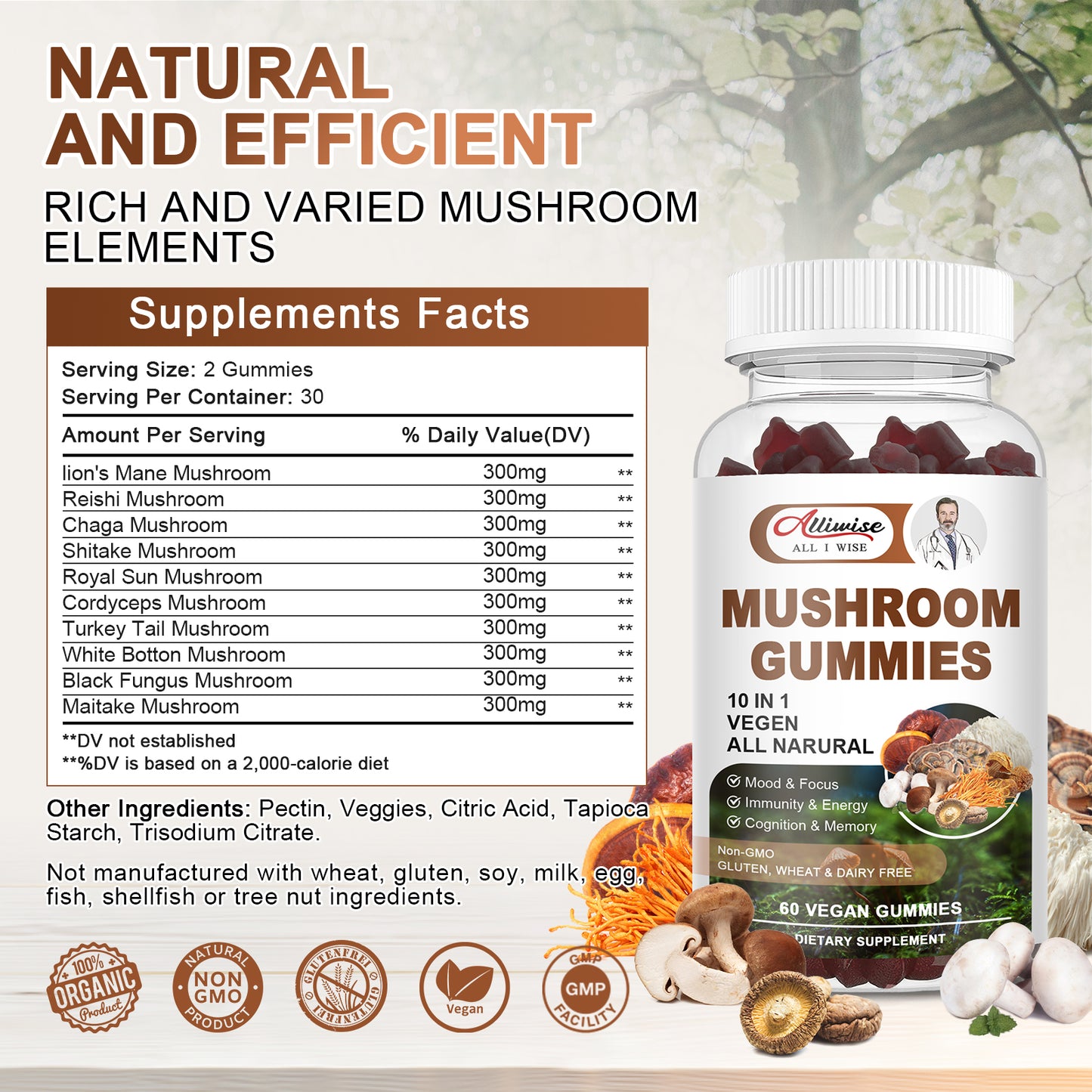 Lions Mane Mushroom Supplement Gummies, 10-in-1 Organic Mushroom Gummy Blend, Advanced Mushroom Complex with Reishi, Chaga, Shitake, Cordyecps, Supports Immunity, Focus, Energy, Mood for Men & Women