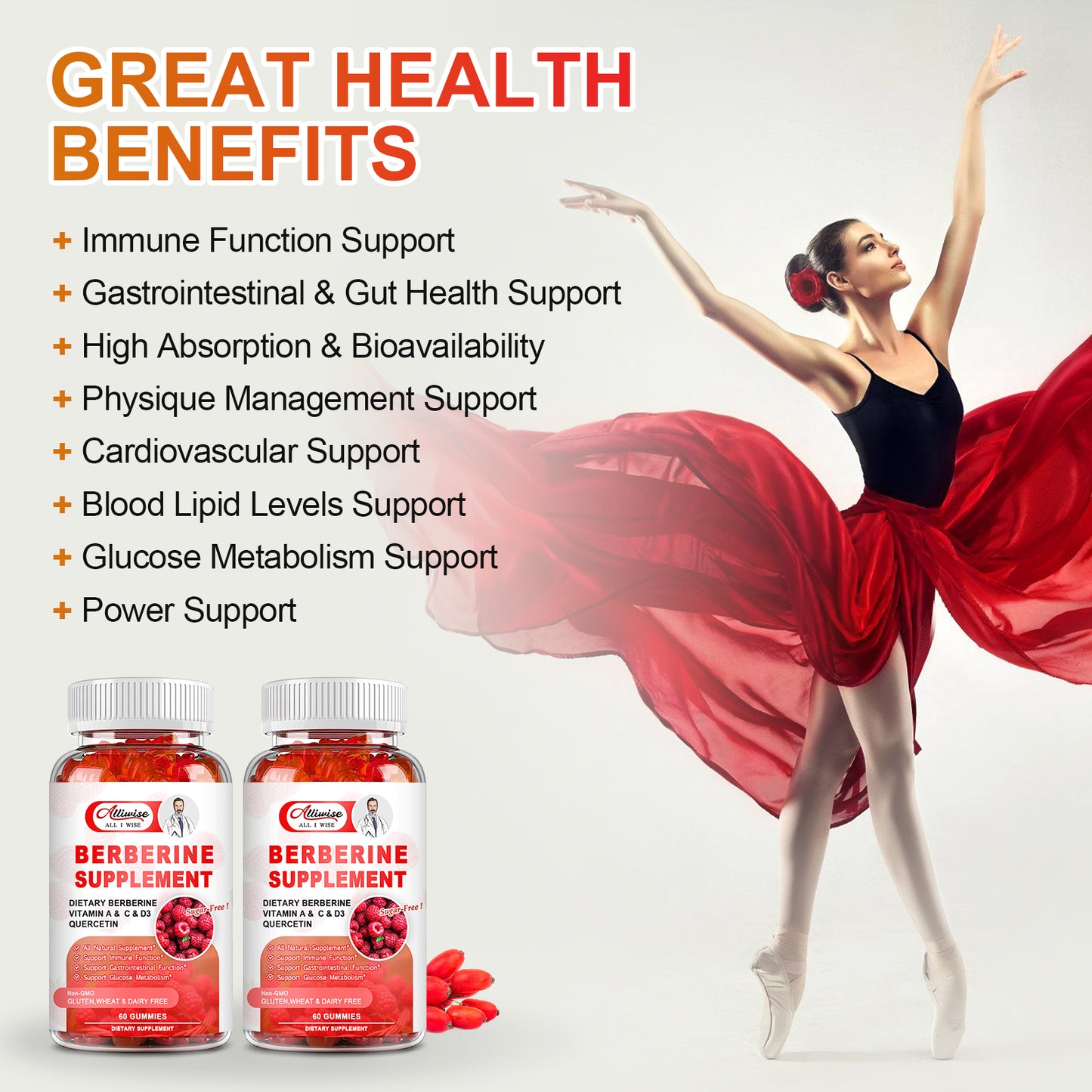 Sugar-Free Berberine Supplement Gummies, Organic Berberine HCL 1500mg with Ceylon Cinnamon, Quercetin, Multivitamin, Support Immune & Gastrointestinal Function & Glucose Metabolism for Women & Men