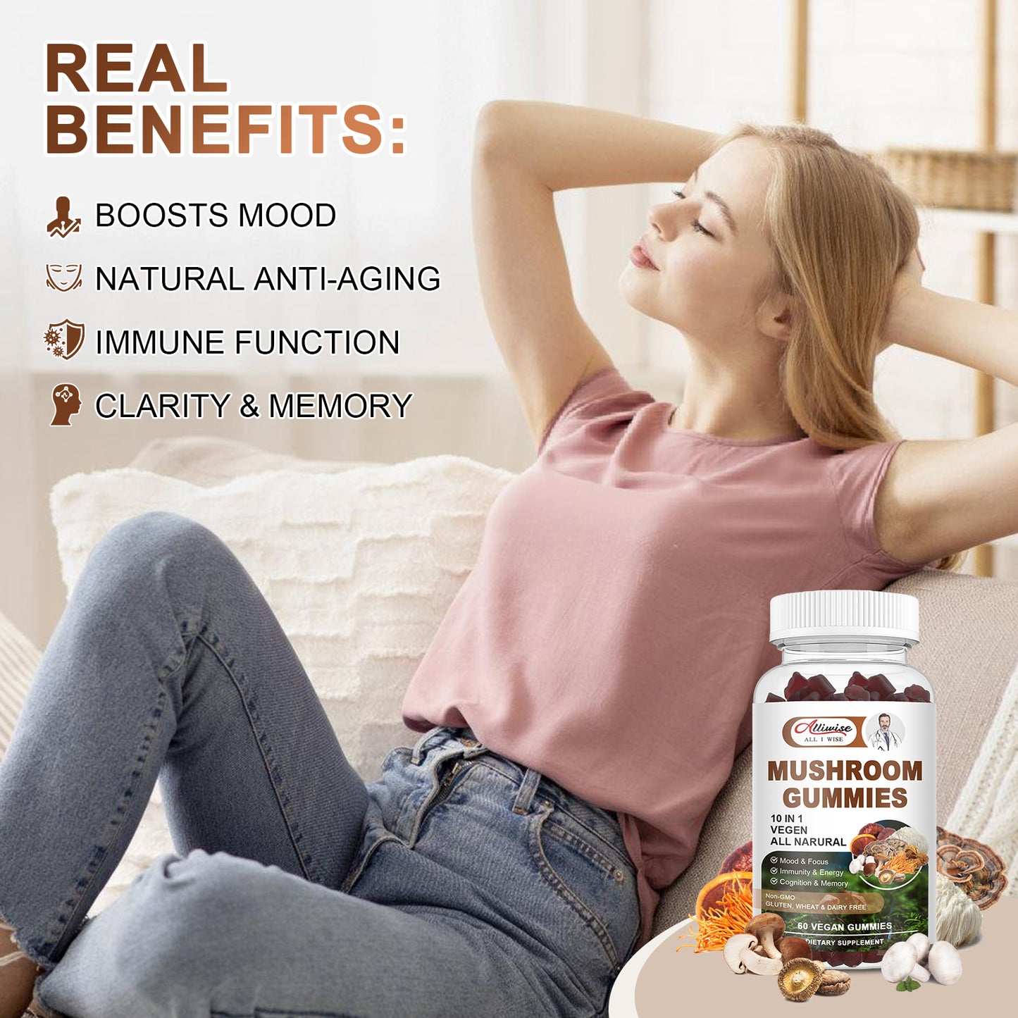 Lions Mane Mushroom Supplement Gummies, 10-in-1 Organic Mushroom Gummy Blend, Advanced Mushroom Complex with Reishi, Chaga, Shitake, Cordyecps, Supports Immunity, Focus, Energy, Mood for Men & Women