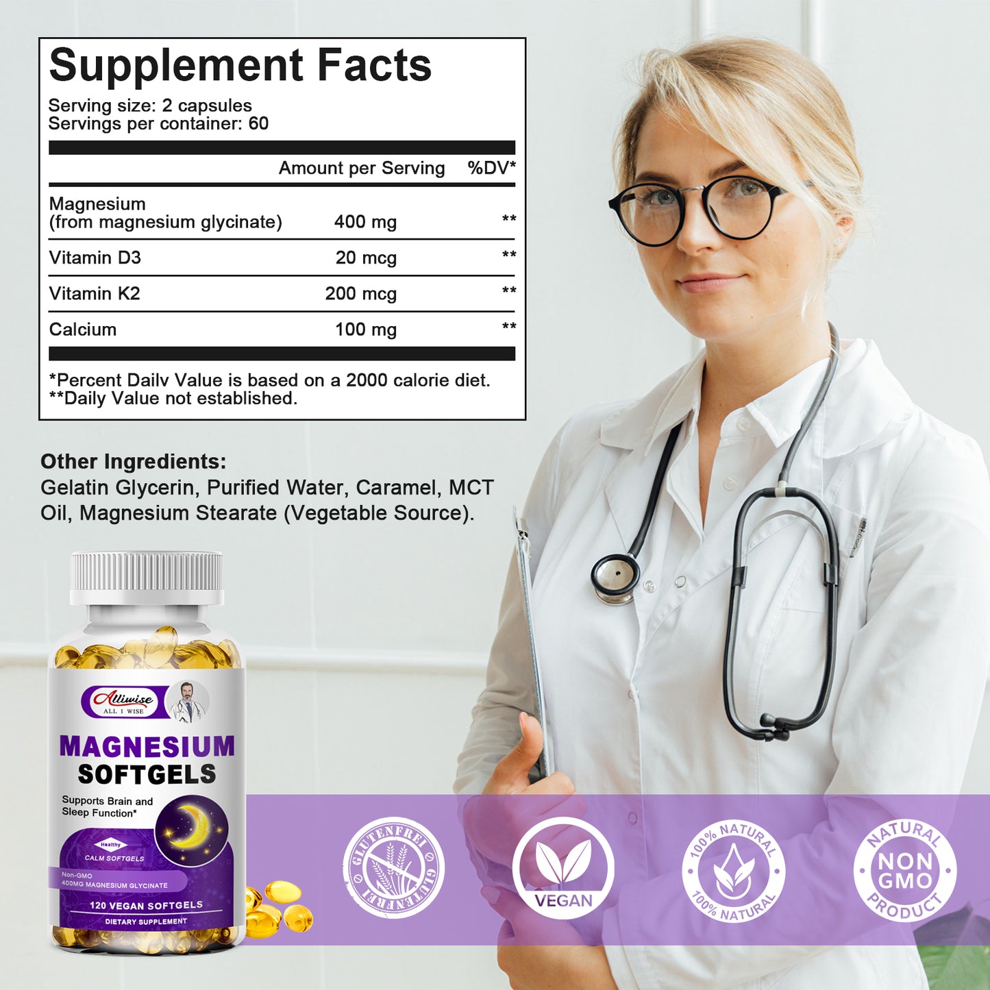 High Absorption Magnesium Glycinate 400mg Softgels Supplement, 400 mg Elemental Magnesium with 100mg Calcium - Highly Bioavailable - with Vitamin D3 & K2, for Sleep, Mood, Brain Support