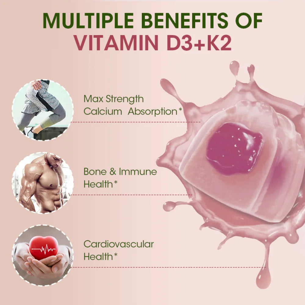 Vitamin D3 K2 Gummies - 10,000 IU of D3 + 200 mcg MK7 - Supports Healthy Bone,Heart & Calcium Absorption,& Immune Health - Non-GMO,Sugar-Free,60 Ct