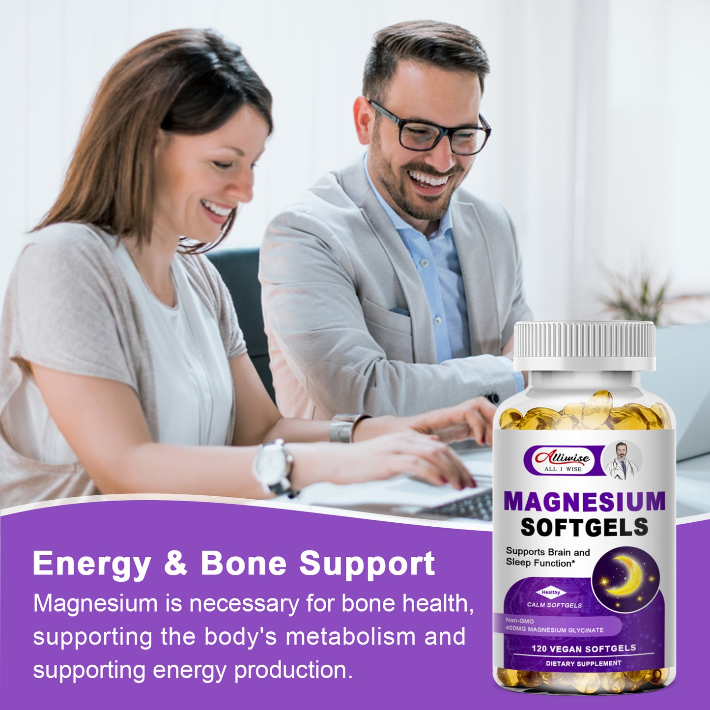 High Absorption Magnesium Glycinate 400mg Softgels Supplement, 400 mg Elemental Magnesium with 100mg Calcium - Highly Bioavailable - with Vitamin D3 & K2, for Sleep, Mood, Brain Support