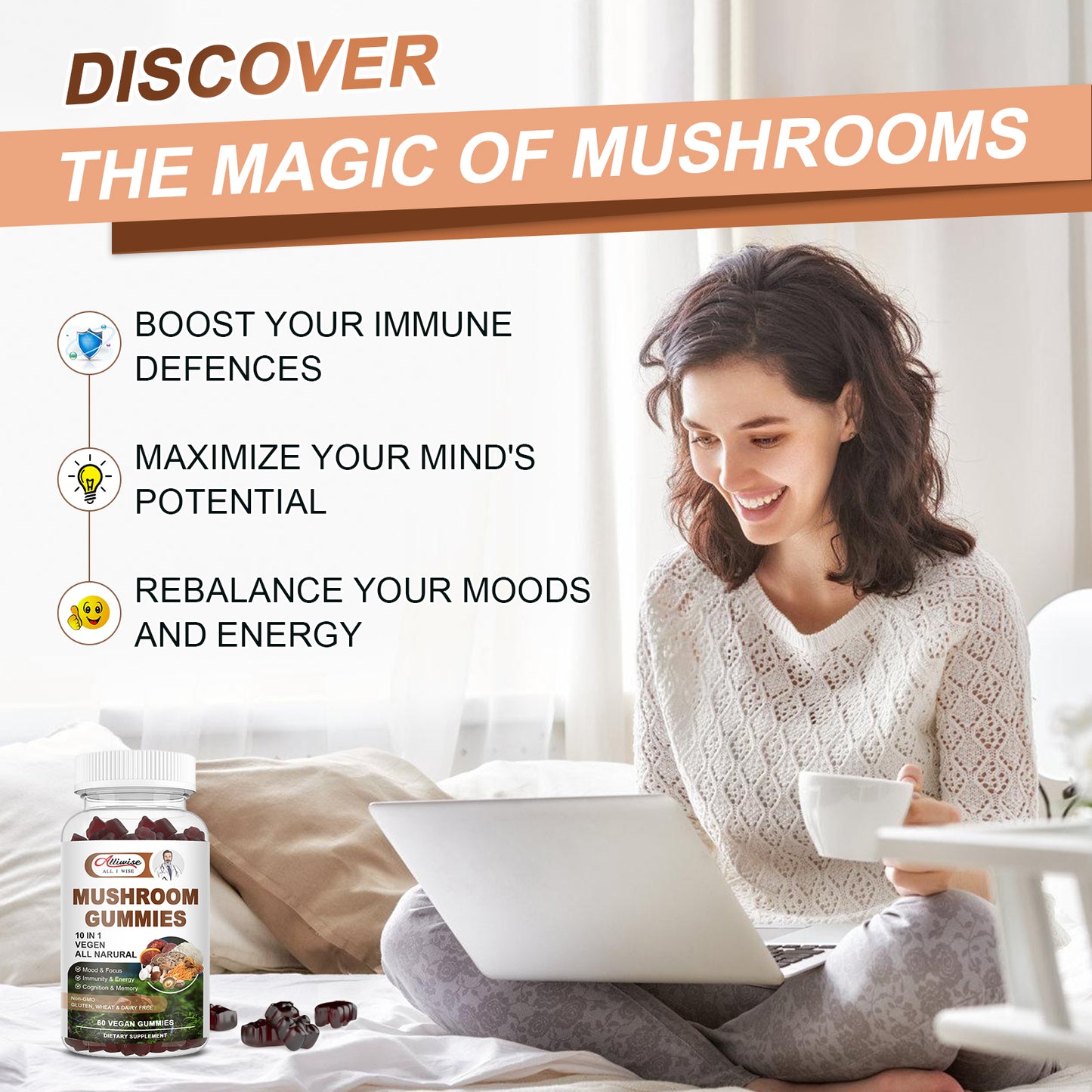 Lions Mane Mushroom Supplement Gummies, 10-in-1 Organic Mushroom Gummy Blend, Advanced Mushroom Complex with Reishi, Chaga, Shitake, Cordyecps, Supports Immunity, Focus, Energy, Mood for Men & Women