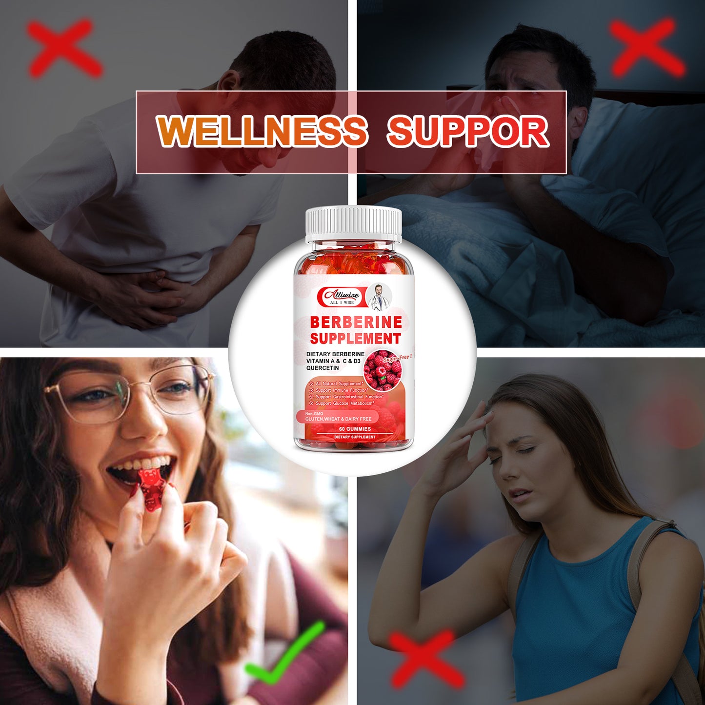 Sugar-Free Berberine Supplement Gummies, Organic Berberine HCL 1500mg with Ceylon Cinnamon, Quercetin, Multivitamin, Support Immune & Gastrointestinal Function & Glucose Metabolism for Women & Men