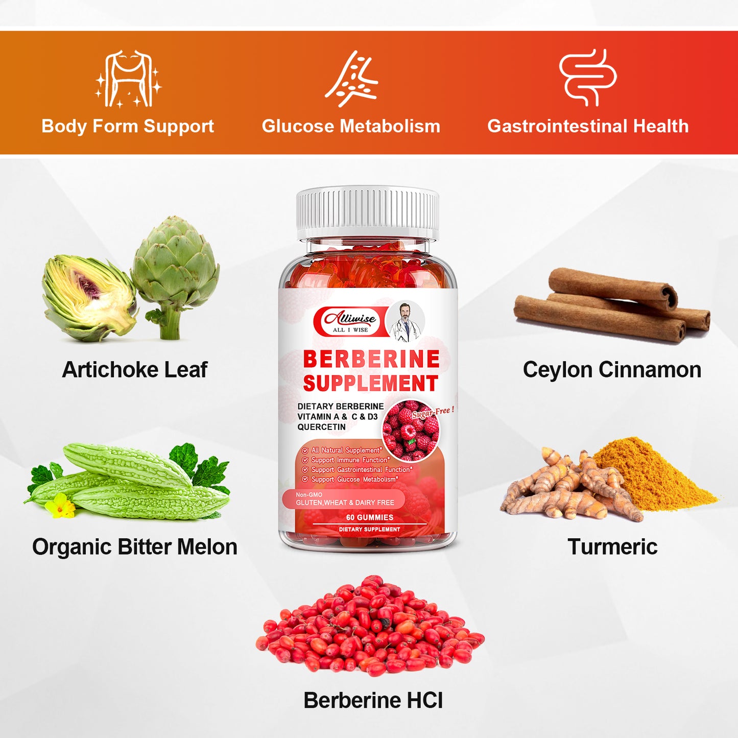 Sugar-Free Berberine Supplement Gummies, Organic Berberine HCL 1500mg with Ceylon Cinnamon, Quercetin, Multivitamin, Support Immune & Gastrointestinal Function & Glucose Metabolism for Women & Men