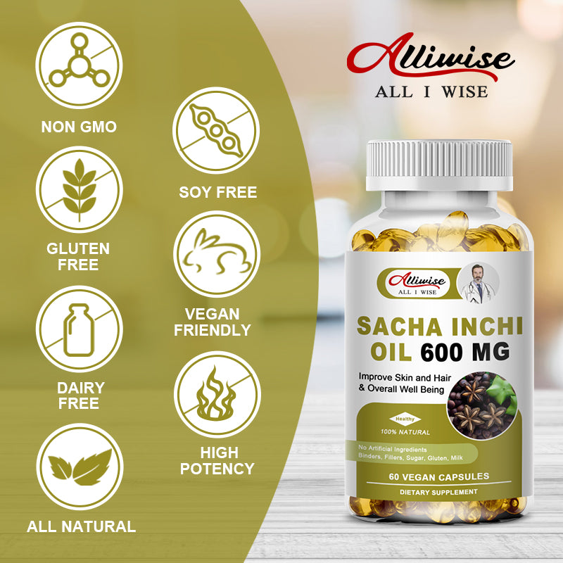 Alliwise Sacha Inchi Oil 600mg Rich Source of Omega 3, 6 and 9 and Antioxidants, Improve Skin and Hair Health & Overall Well Being, 120 Capsules