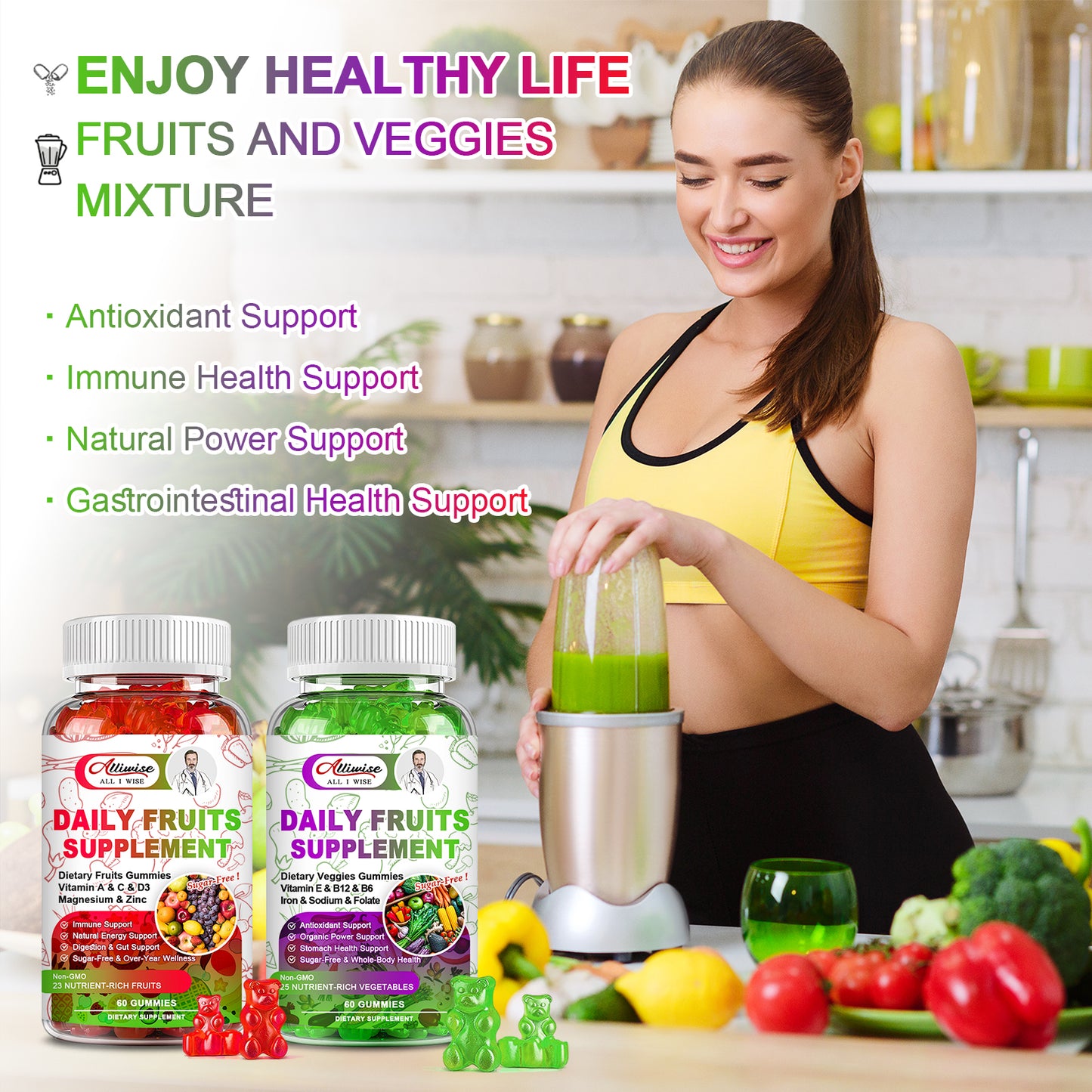 Sugar-Free Fruits and Veggies Organic Gummies Supplement, Multi-Vitamins & Minerals in Gummies, Natural Fruits and Vegetables Supplement, Immunity & Antioxidant & Energy Supplements for Women & Men
