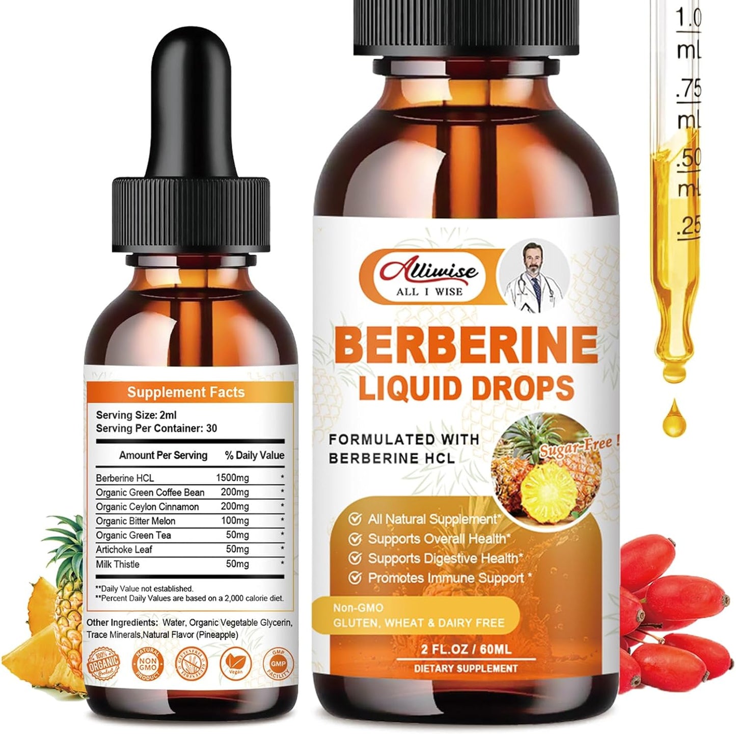 Organic Berberine Supplement Liquid Drops - Premium Berberine HCL 1500mg with Pure Ceylon Cinnamon-7 in 1 Natural Ingredients - Supports Immune System & Digestive System