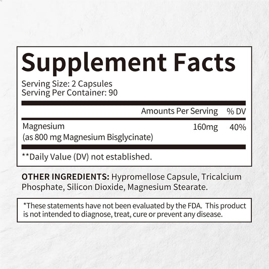 Magnesium Glycinate Capsules, Magnesium Bisglycinate 800mg Chelated, Maximum Absorption, Gentle on Stomach, Small Easy to Swallow, Supports Restful Sleep, Muscle, Bone Health 180 Counts