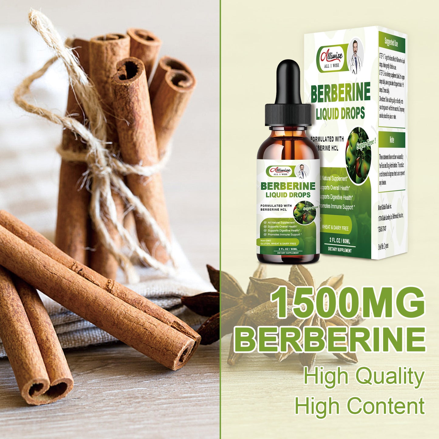 Organic Berberine Supplement Liquid Drops - Premium Berberine HCL 1500mg with Pure Ceylon Cinnamon-7 in 1 Natural Ingredients - Supports Immune System & Digestive System
