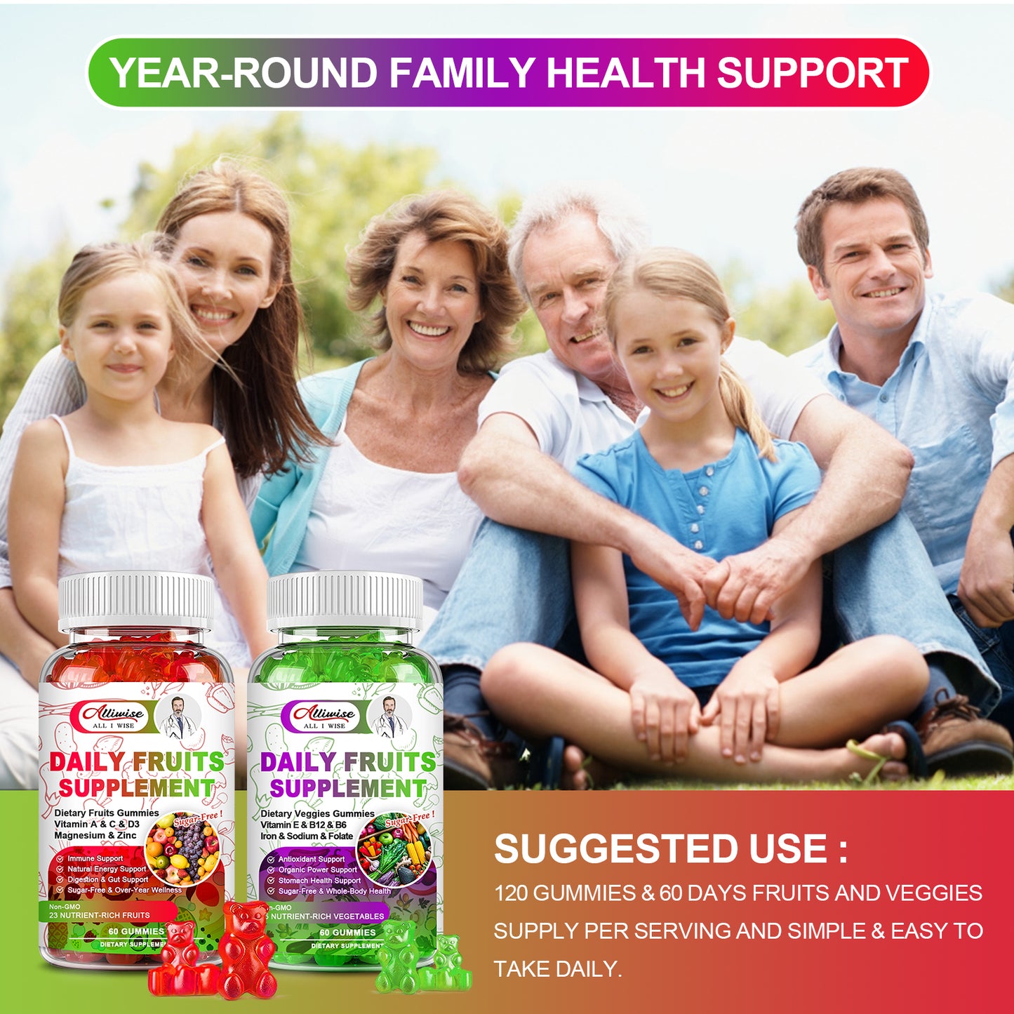 Sugar-Free Fruits and Veggies Organic Gummies Supplement, Multi-Vitamins & Minerals in Gummies, Natural Fruits and Vegetables Supplement, Immunity & Antioxidant & Energy Supplements for Women & Men