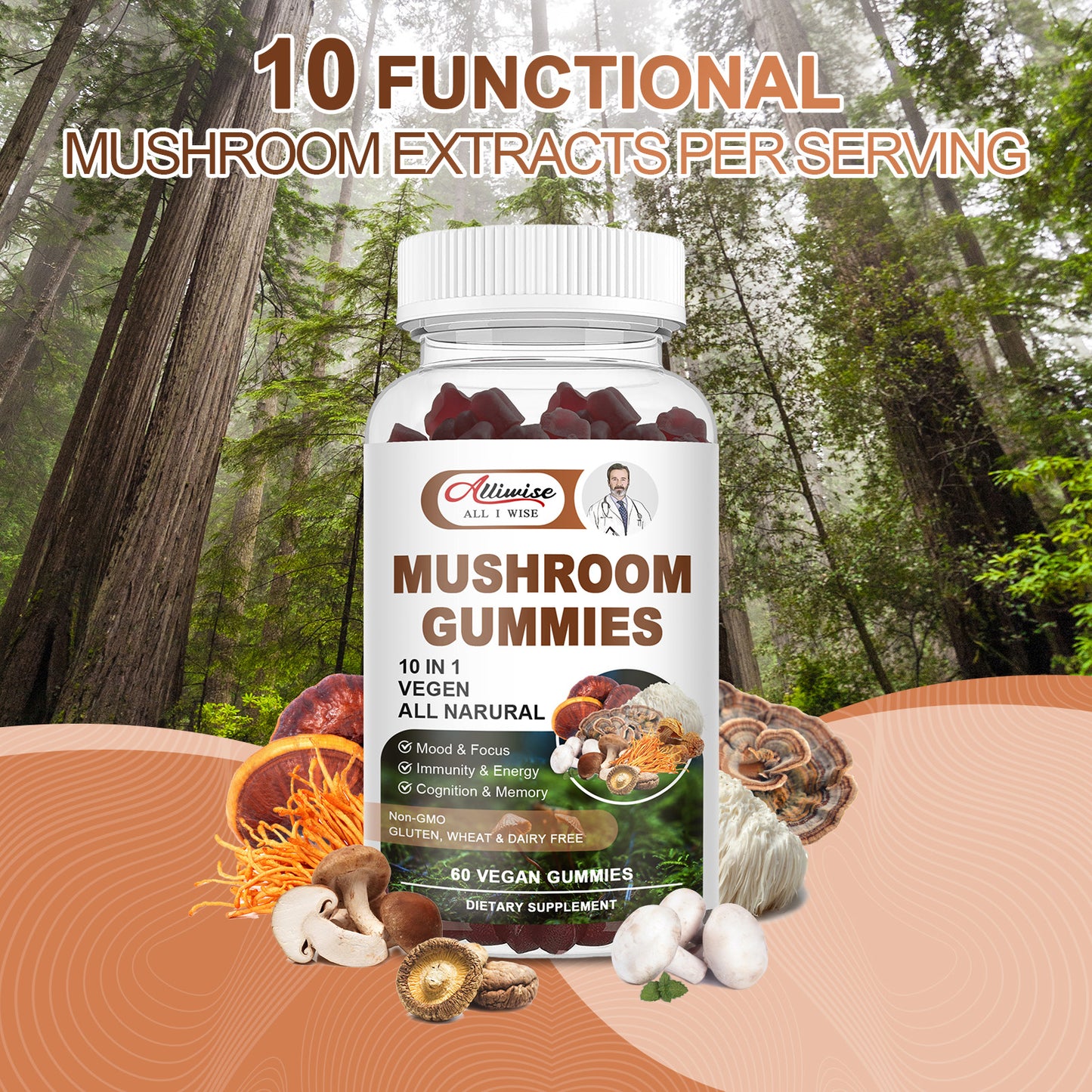 Lions Mane Mushroom Supplement Gummies, 10-in-1 Organic Mushroom Gummy Blend, Advanced Mushroom Complex with Reishi, Chaga, Shitake, Cordyecps, Supports Immunity, Focus, Energy, Mood for Men & Women