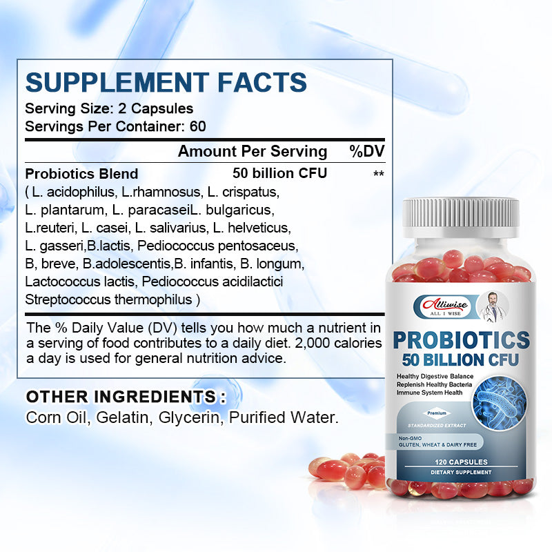 Alliwise Digestive Probiotic Soft Capsules 50 Billion CFU Daily Supplement Supports Immune/Digestive/Prostate/Gut Health and Respiratory Health For Man & Woman