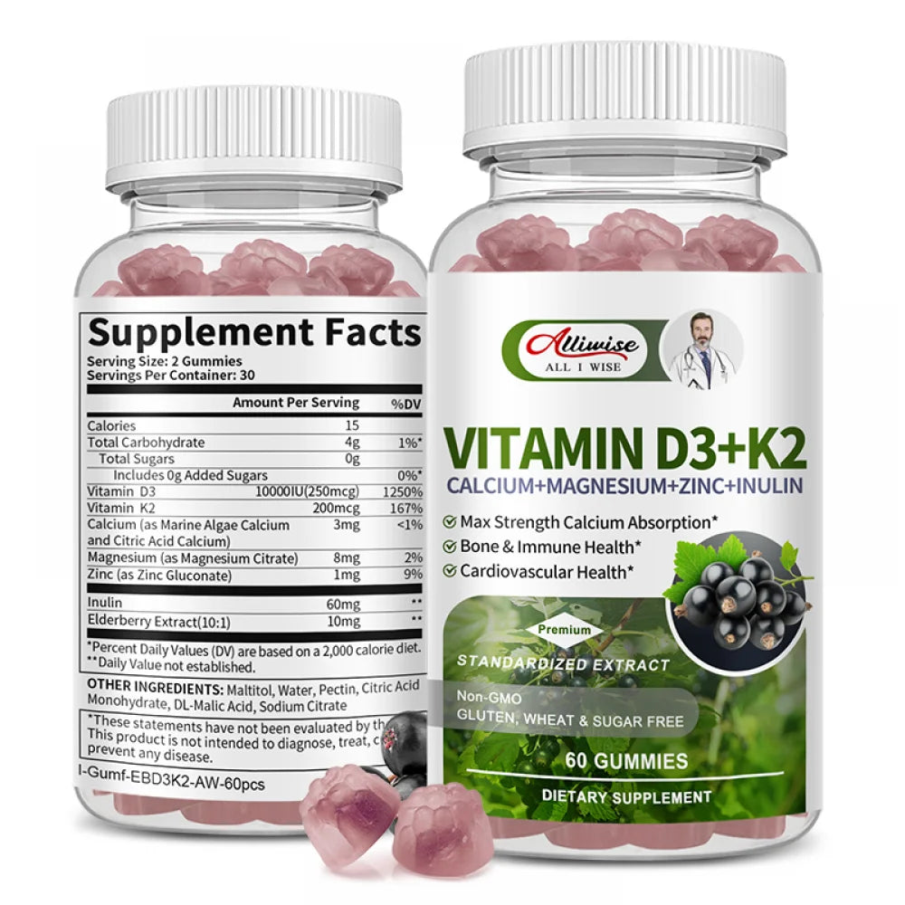 Vitamin D3 K2 Gummies - 10,000 IU of D3 + 200 mcg MK7 - Supports Healthy Bone,Heart & Calcium Absorption,& Immune Health - Non-GMO,Sugar-Free,60 Ct