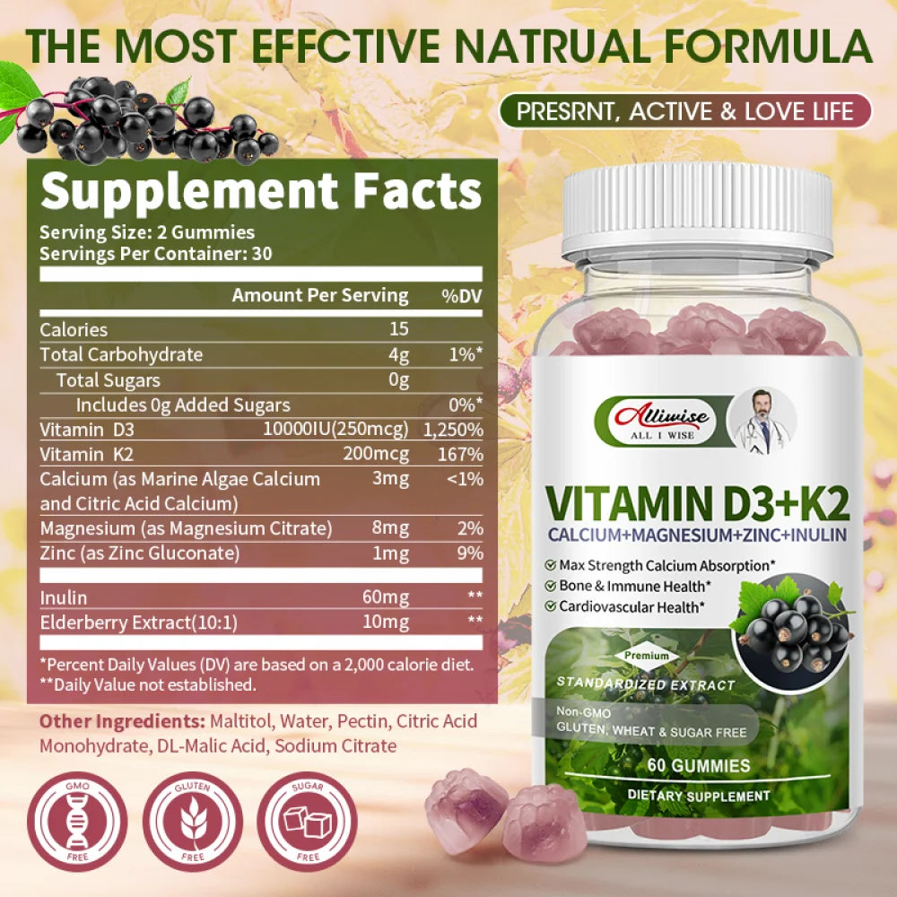 Vitamin D3 K2 Gummies - 10,000 IU of D3 + 200 mcg MK7 - Supports Healthy Bone,Heart & Calcium Absorption,& Immune Health - Non-GMO,Sugar-Free,60 Ct