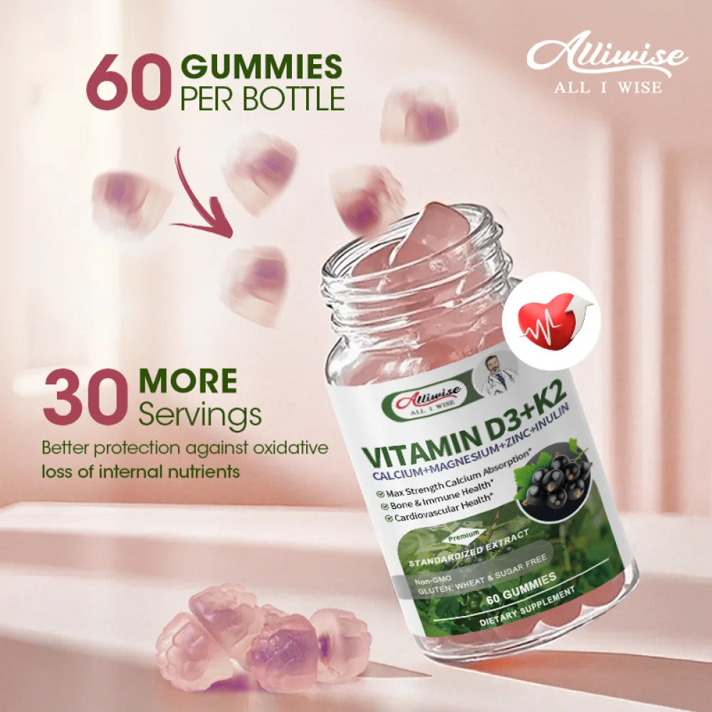 Vitamin D3 K2 Gummies - 10,000 IU of D3 + 200 mcg MK7 - Supports Healthy Bone,Heart & Calcium Absorption,& Immune Health - Non-GMO,Sugar-Free,60 Ct