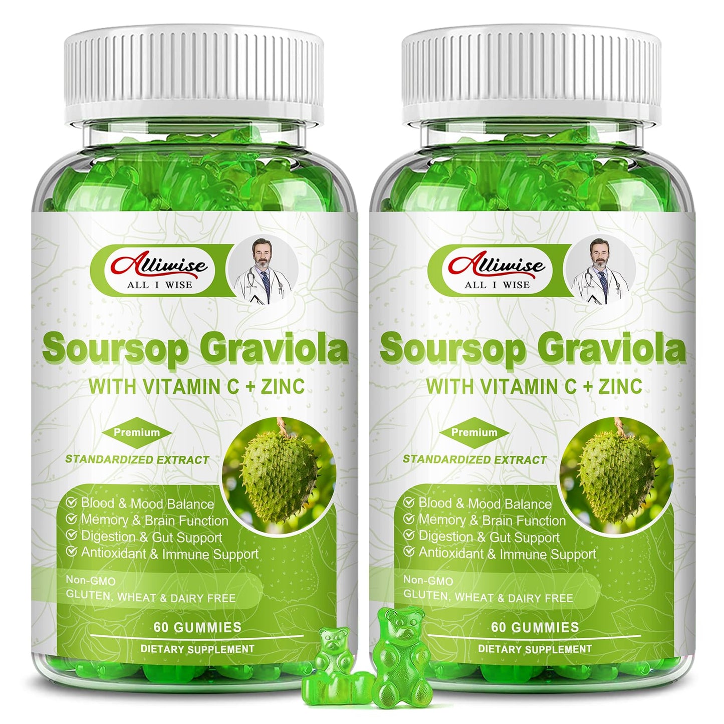 Alliwise Soursop Graviola Gummies – 2 Pack | With Vitamin C & Zinc | Antioxidant & Immune Support Supplement | Vegan & Gluten-Free | 2-Month Supply