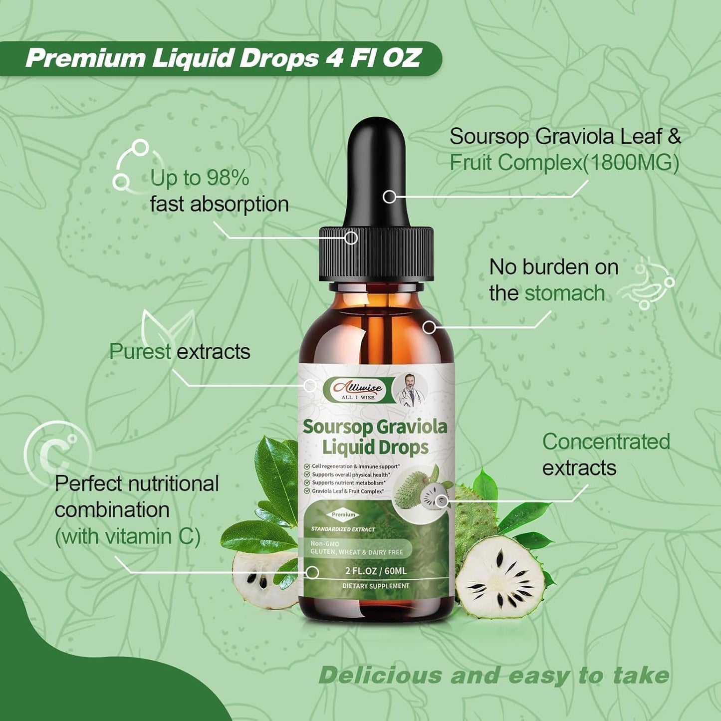Soursop Liquid Drop for Cell regeneration & Immune support-Vegan Soursop Bitters Liquid,99% High Absorption form Soursop Leaf & Fruit Complex-4 Fl Oz