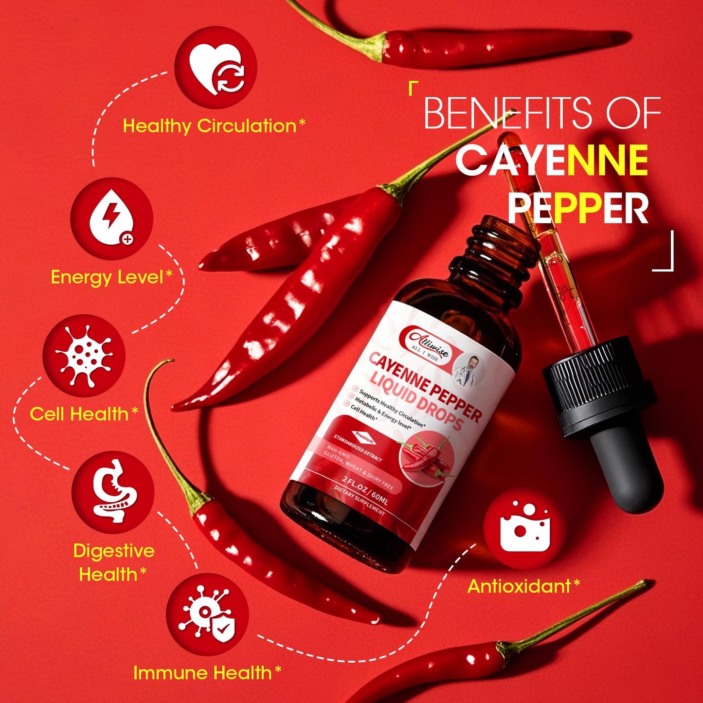 Cayenne Pepper Drops Supplement Liquid,with Hawthorn,Beet,Ginseng,Centella Asiatica,Grape,Turmeric for Energy,Circulation