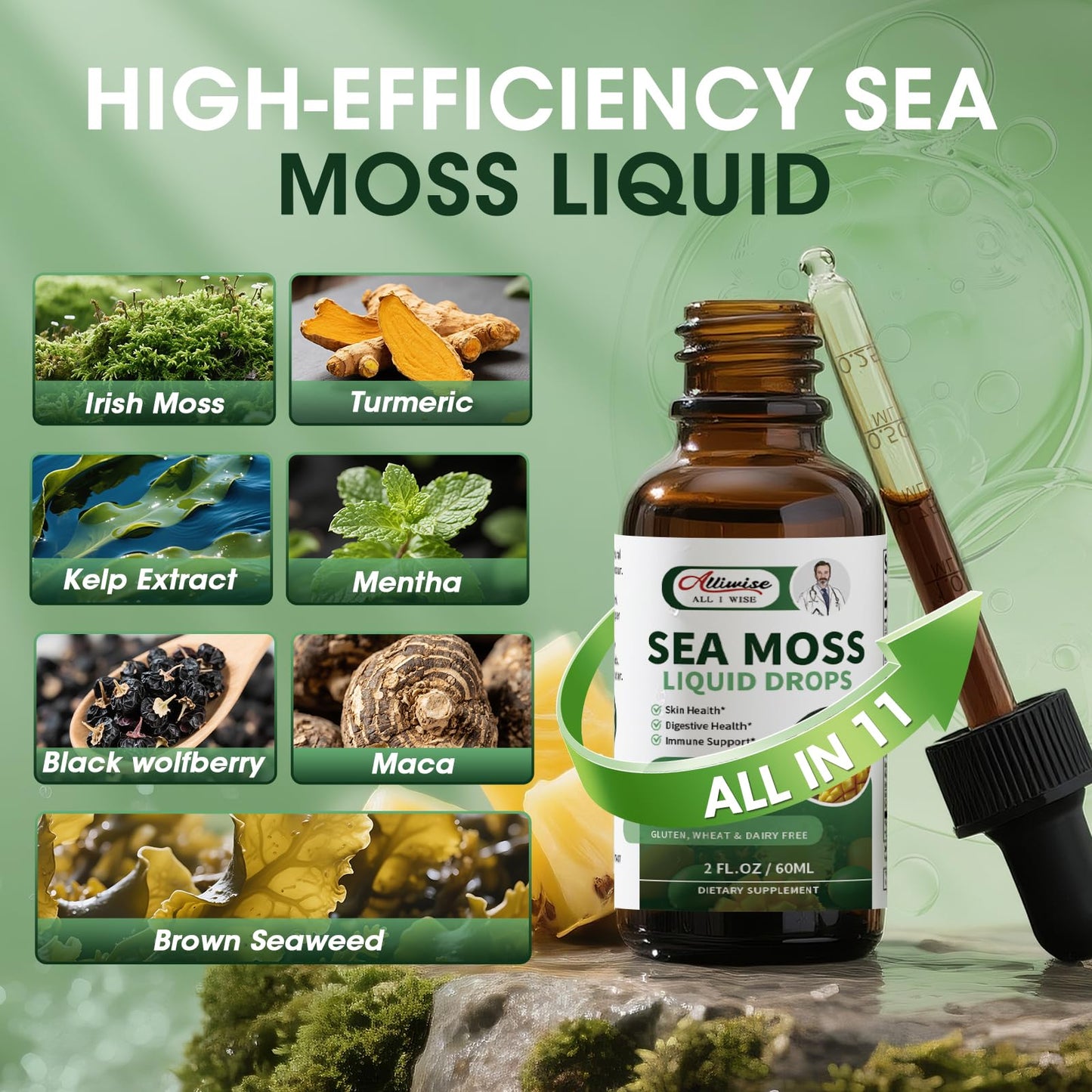 Irish Sea Moss Liquid Drops | 10-in-1 Multi-Action Gel with Hyaluronic Acid & Vitamins | Immune, Digestive, Skin, Hair & Energy Support | 2 Fl Oz