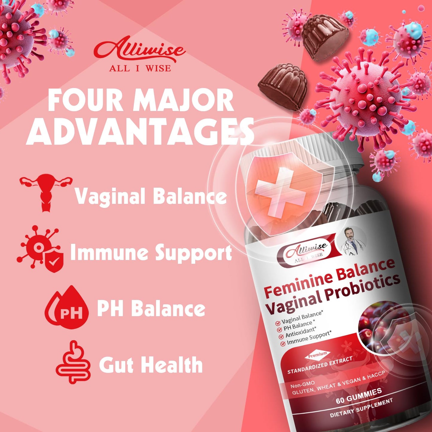 Alliwise Feminine Balance Gummies for Women – Probiotic + Cranberry, 60ct