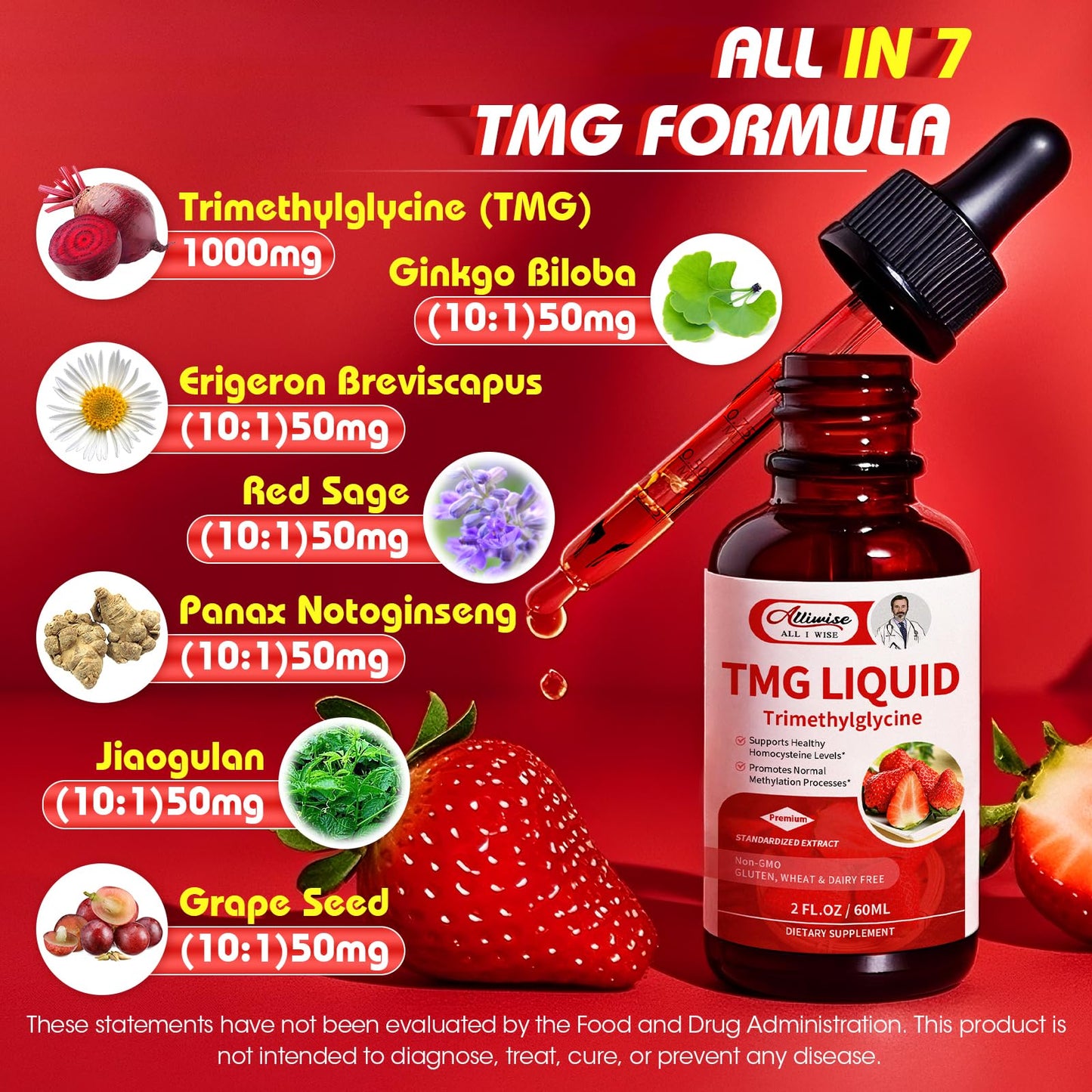 TMG Liquid Drops 1000mg - Trimethylglycine Supplement for Methylation Support, Healthy Homocysteine Levels & Cardiovascular Health - Vegan, Non-GMO, Gluten-Free, Fast Absorption (4 Fl Oz)