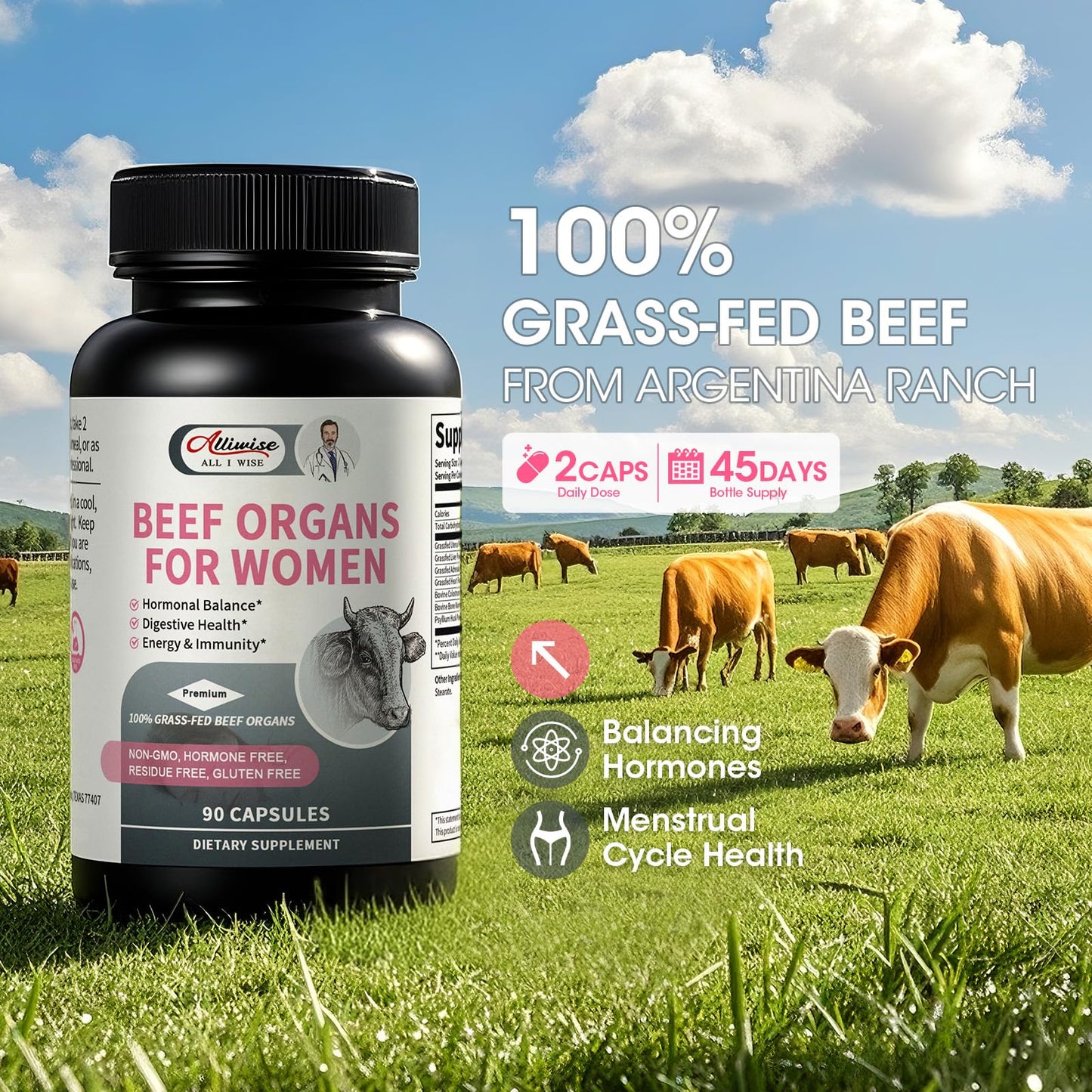 Women’s Beef Organ Supplement – 7-in-1 Grass Fed Formula with Liver, Uterus, Heart & More | Hormonal Balance & Digestive Support* | 90 Capsules**
