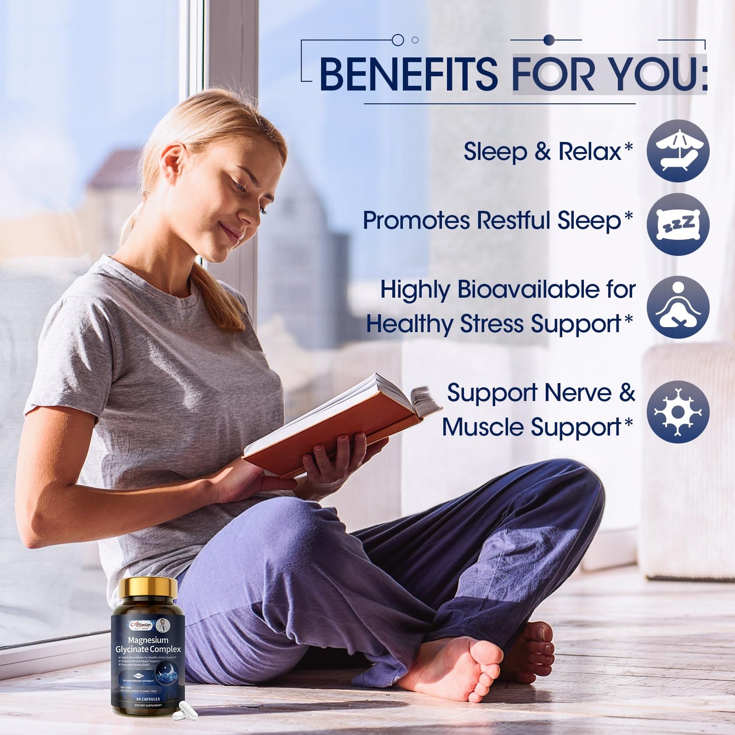 Magnesium Glycinate Complex, High Absorption Vegan Magnesium Supplement for Women and Men, Sleep Support* Promotes Relaxation, Heart, Muscle & Bone Support*, Gluten, Dairy and Soy Free -90 ct