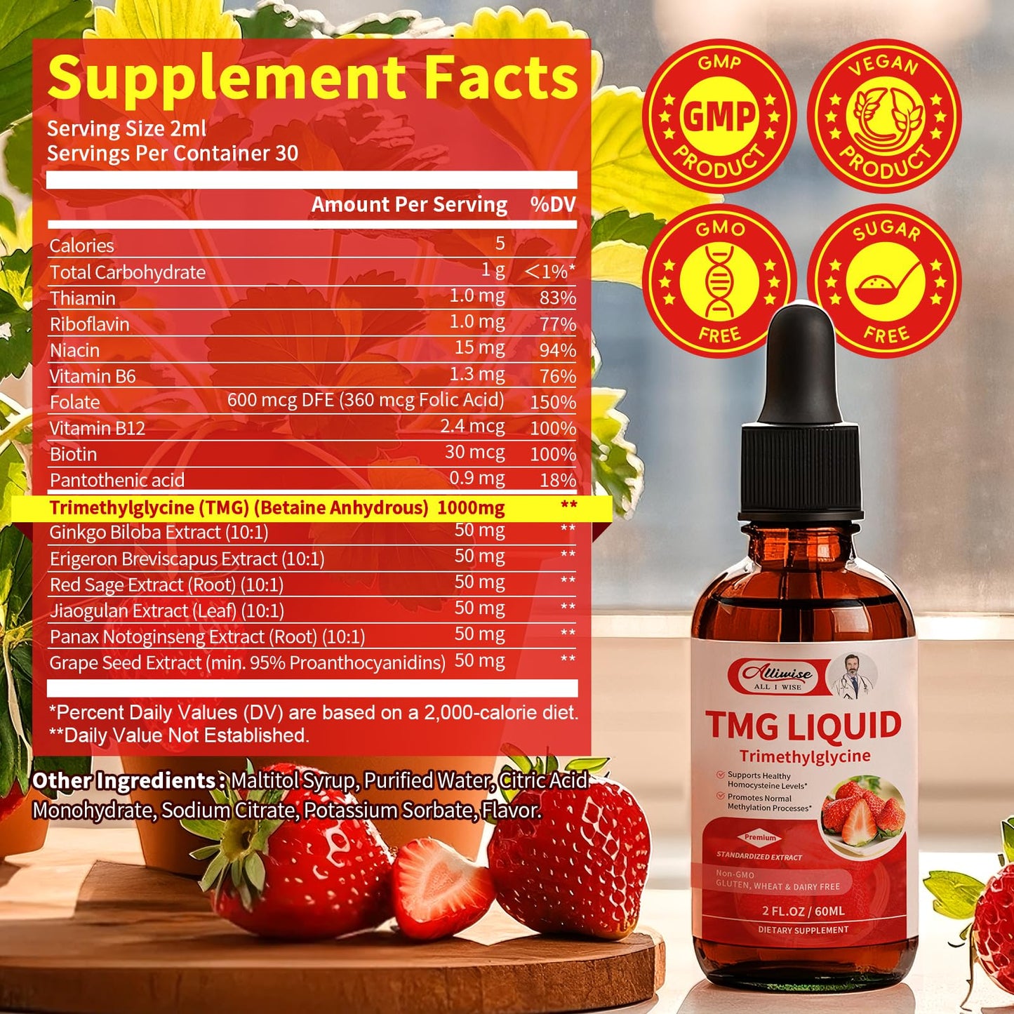 TMG Liquid Drops 1000mg - Trimethylglycine Supplement for Methylation Support, Healthy Homocysteine Levels & Cardiovascular Health - Vegan, Non-GMO, Gluten-Free, Fast Absorption (4 Fl Oz)