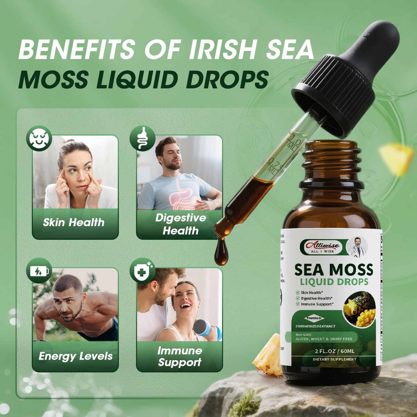 Irish Sea Moss Liquid Drops | 10-in-1 Multi-Action Gel with Hyaluronic Acid & Vitamins | Immune, Digestive, Skin, Hair & Energy Support | 2 Fl Oz