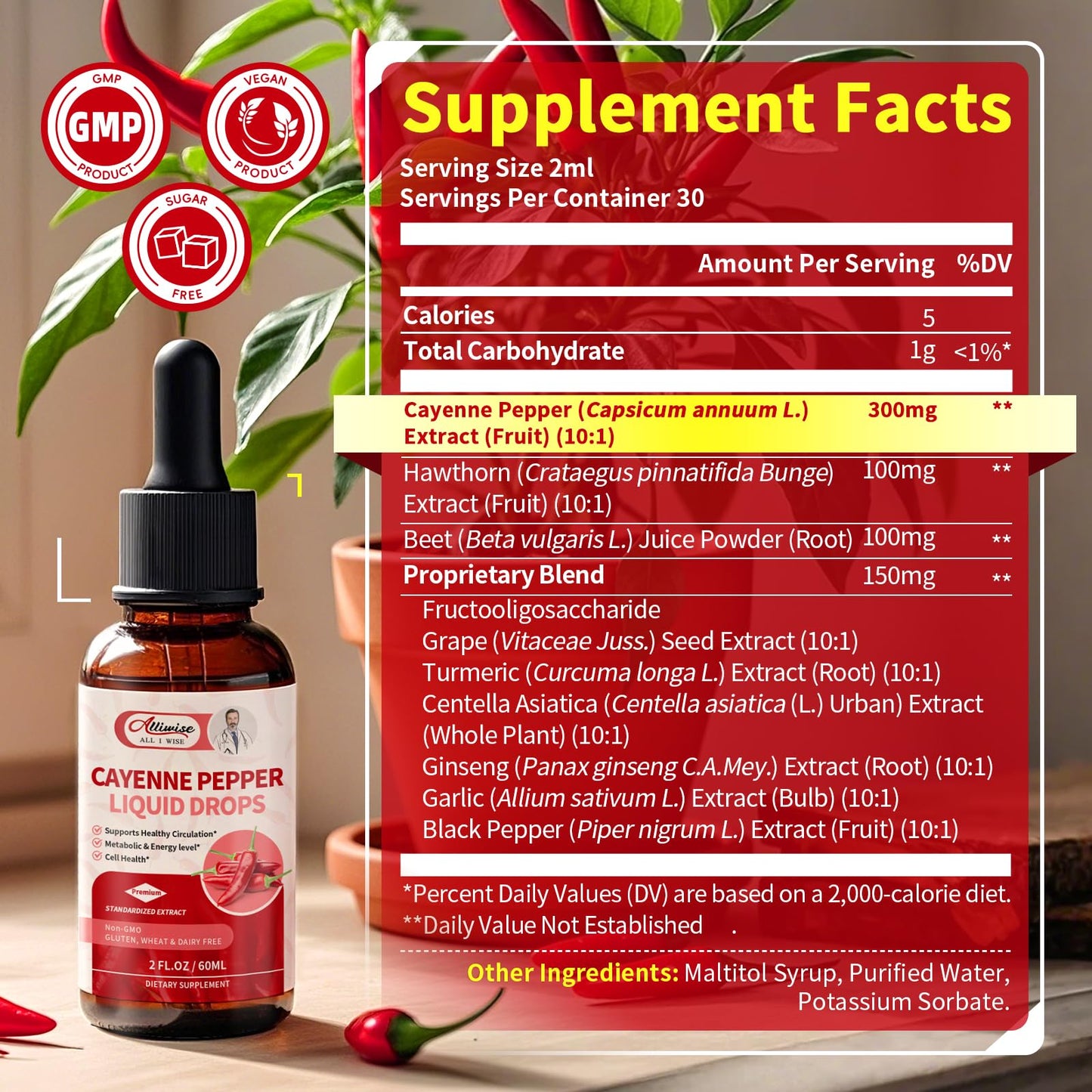 Cayenne Pepper Drops Supplement Liquid,with Hawthorn,Beet,Ginseng,Centella Asiatica,Grape,Turmeric for Energy,Circulation