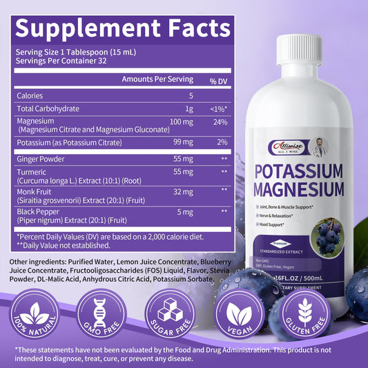 Potassium Magnesium Supplement Liquid-High Absorption Calm Magnesium&Potassium Drops Sugar-Free Plus Ginger,Turmeric,Black Pepper for Muscle,Leg Cramps,Bone & Energy & Immune Support - 16 Fl oz