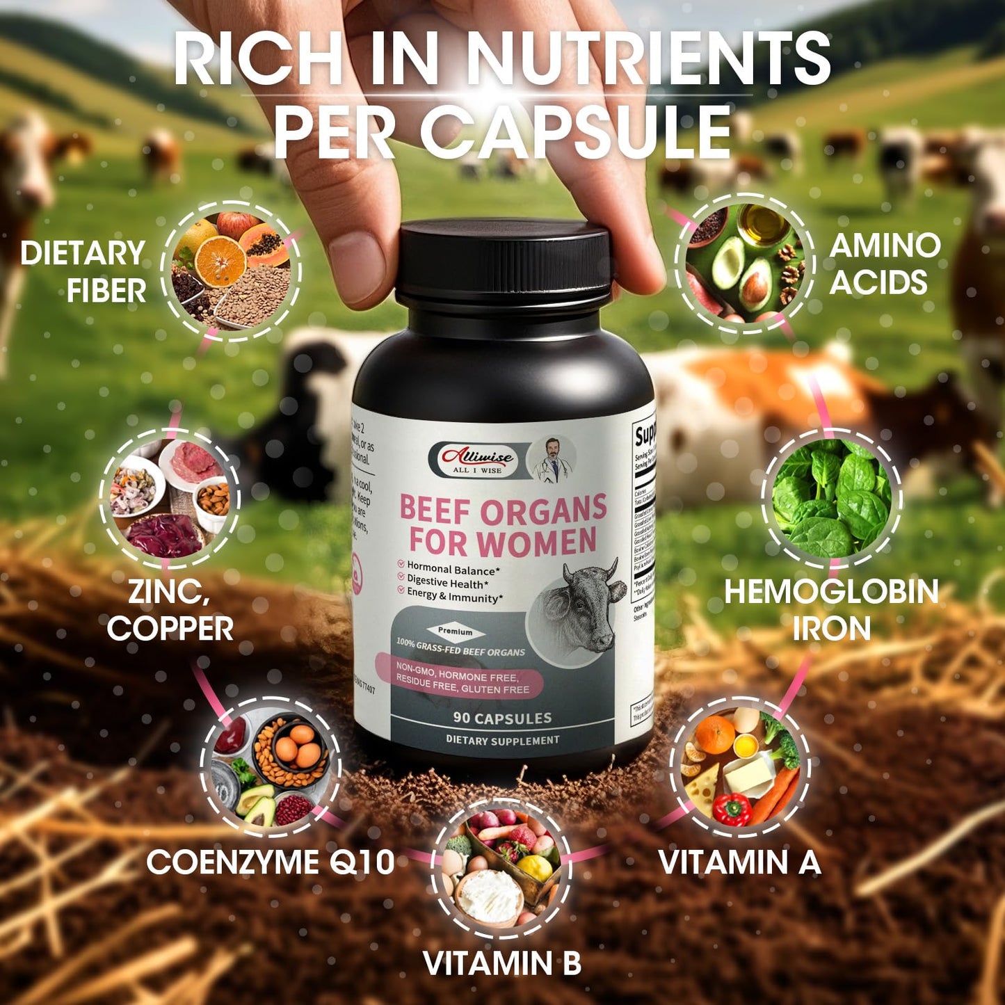 Women’s Beef Organ Supplement – 7-in-1 Grass Fed Formula with Liver, Uterus, Heart & More | Hormonal Balance & Digestive Support* | 90 Capsules**