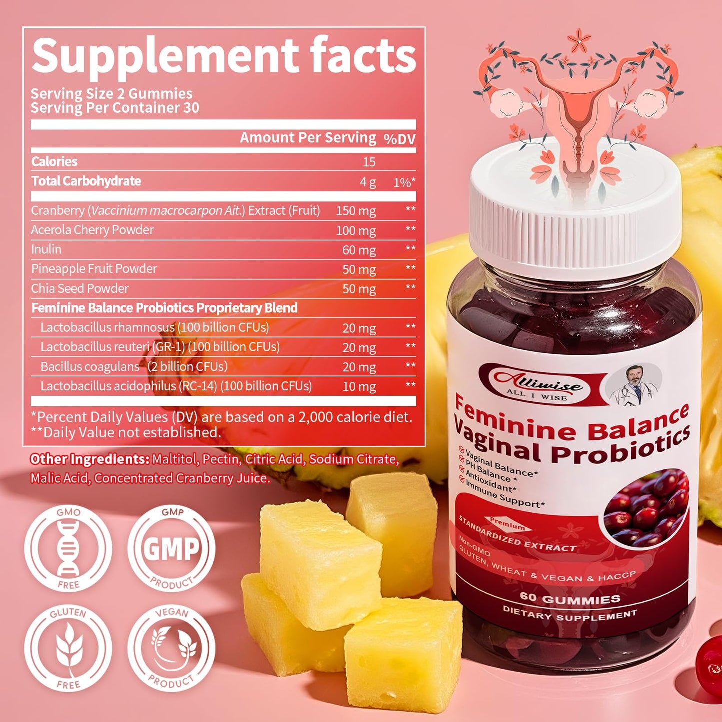 Alliwise Feminine Balance Gummies for Women – Probiotic + Cranberry, 60ct