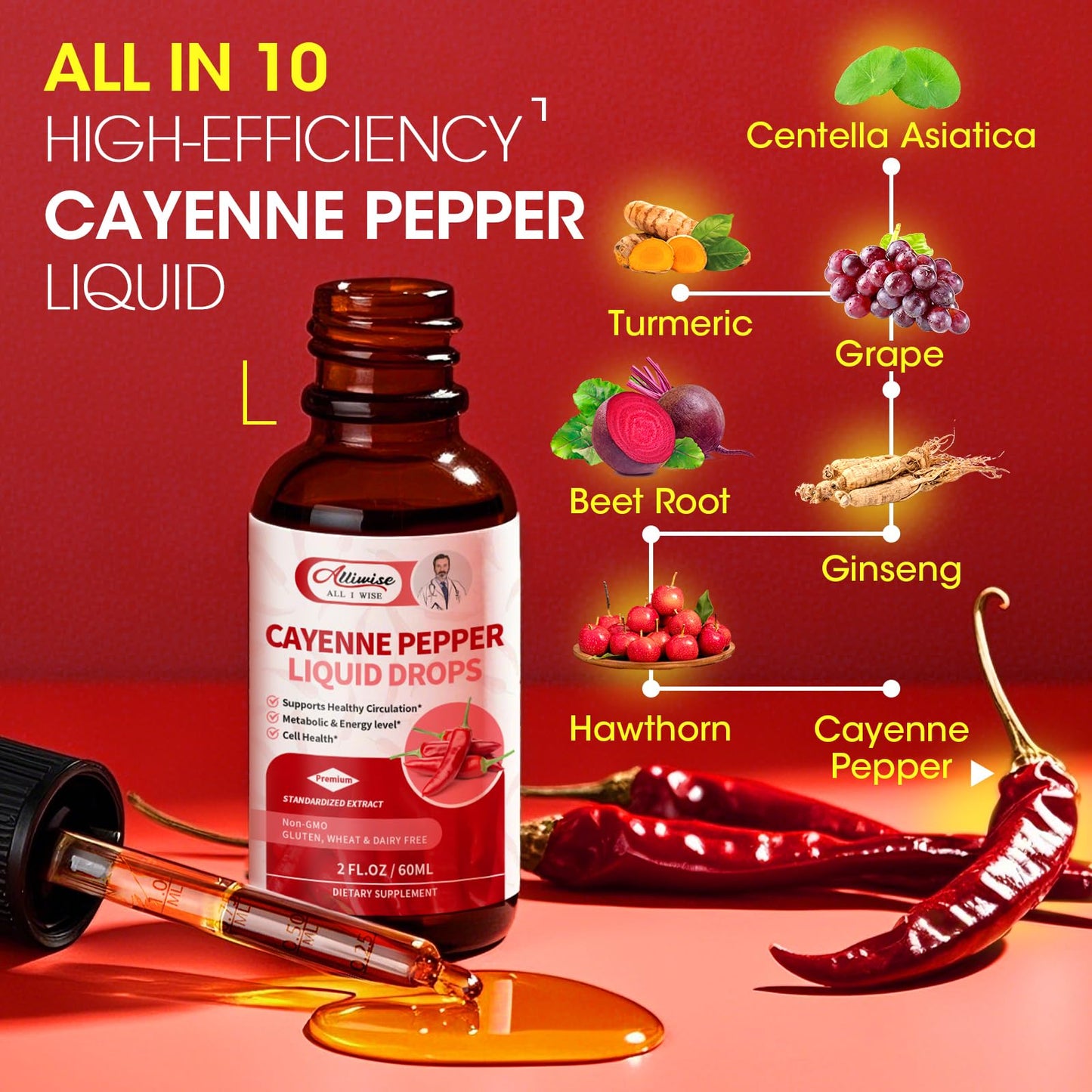 Cayenne Pepper Drops Supplement Liquid,with Hawthorn,Beet,Ginseng,Centella Asiatica,Grape,Turmeric for Energy,Circulation