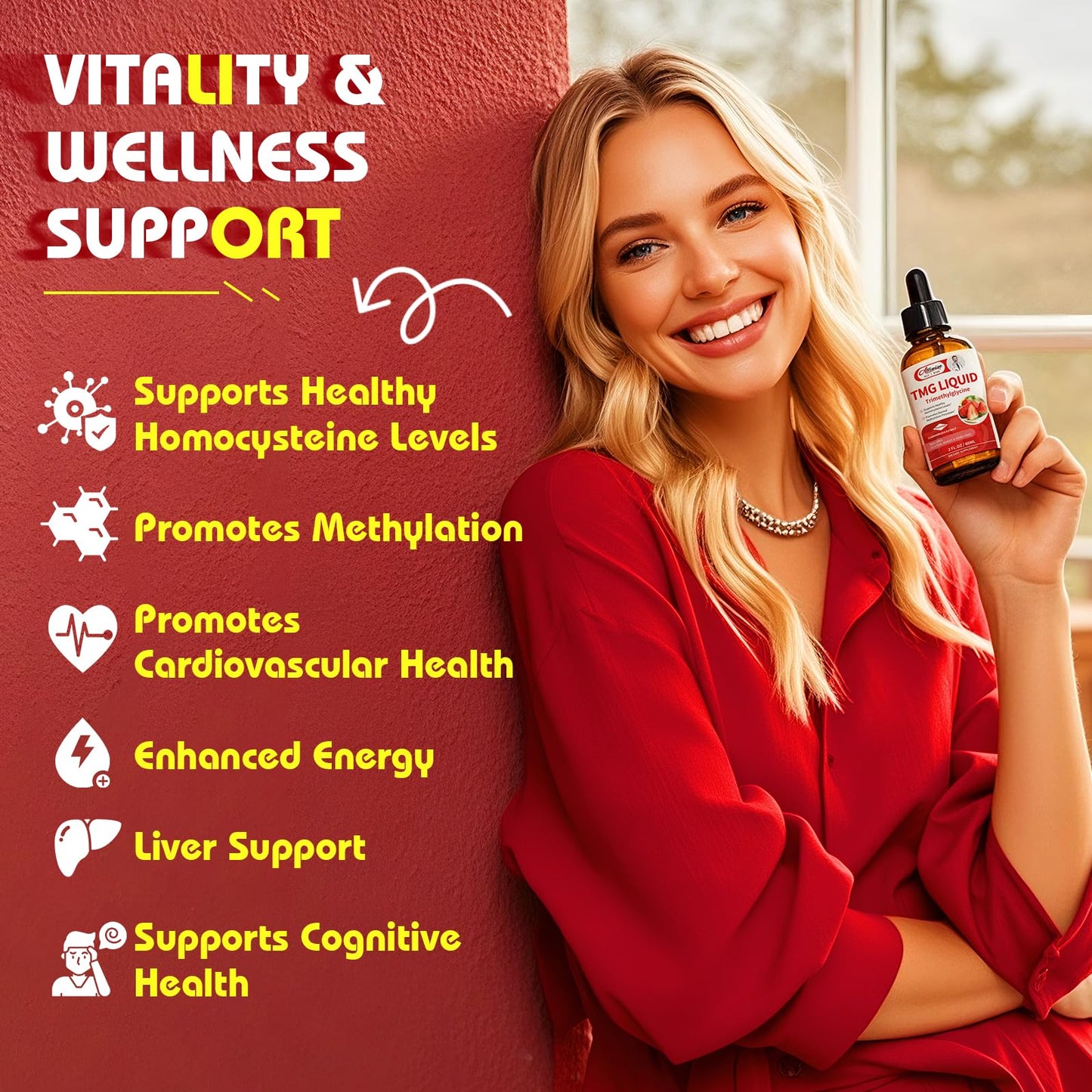 TMG Liquid Drops 1000mg - Trimethylglycine Supplement for Methylation Support, Healthy Homocysteine Levels & Cardiovascular Health - Vegan, Non-GMO, Gluten-Free, Fast Absorption (4 Fl Oz)