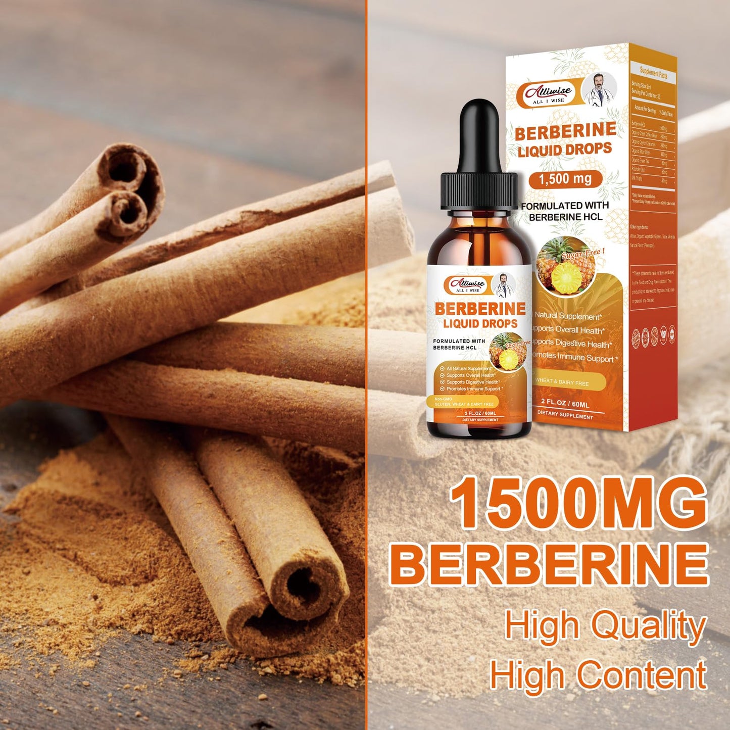 Organic Berberine Supplement Liquid Drops - Premium Berberine HCL 1500mg with Pure Ceylon Cinnamon-7 in 1 Natural Ingredients - Supports Immune System & Digestive System