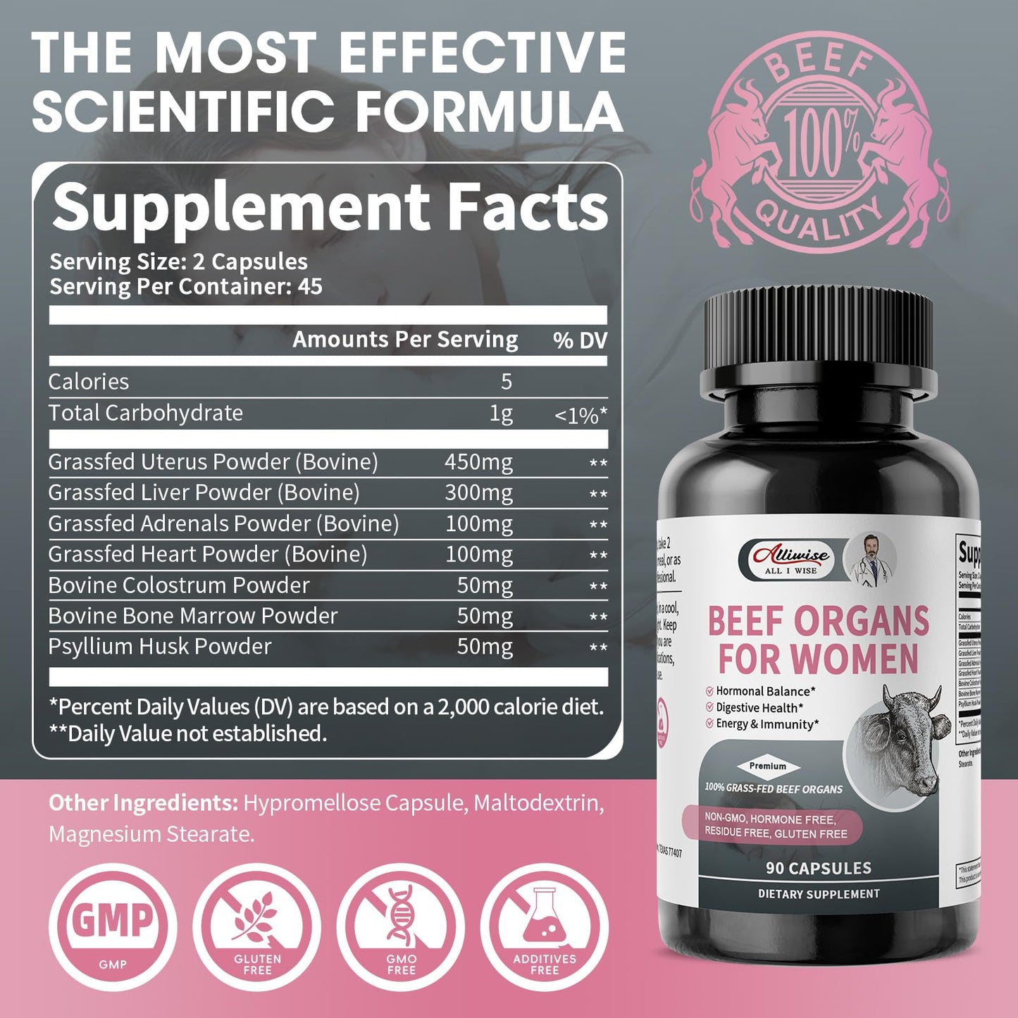 Women’s Beef Organ Supplement – 7-in-1 Grass Fed Formula with Liver, Uterus, Heart & More | Hormonal Balance & Digestive Support* | 90 Capsules**