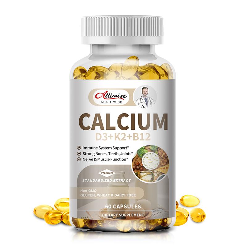 Alliwise Calcium Vitamins Soft Capsules 600mcg with Vitamin D3 K2 B12 5000 IU Calcium Supplements 4-in-1 for Women & Men for Heart, Bone & Body