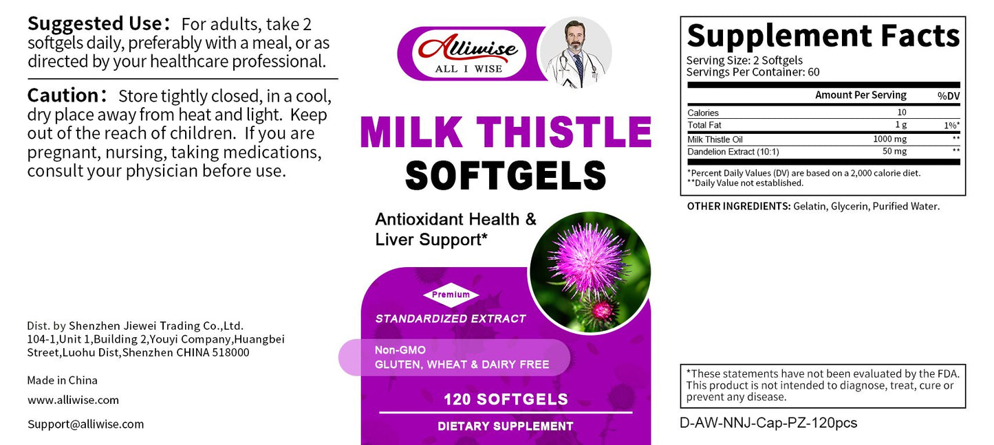 Milk Thistle Capsule 1000mg Silymarin Marianum Dandelion Root Liver Health Support, Antioxidant Support, Cleanse, Detox & Pure Health
