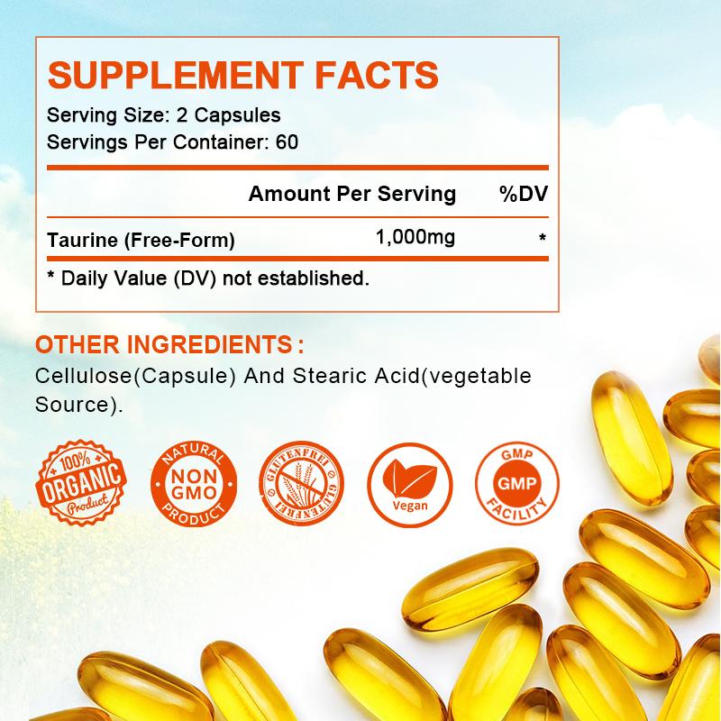 Taurine Capsules 1000MG Antioxidant Amino Acid Double Strength for Healthy Nervous System Visual Function,Brain Health & Cardiovascular Support