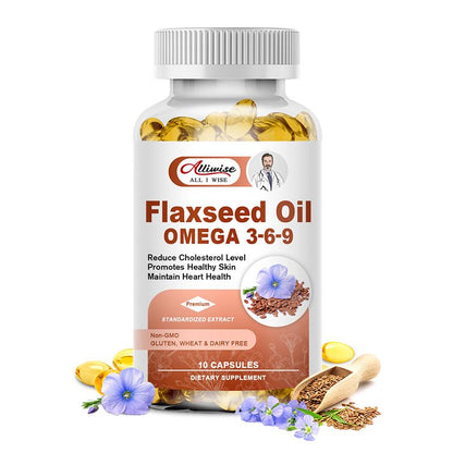 Alliwise Flaxseed Oil Softgels 1000mg Omega 3-6-9 Supplement For for Cardiovascular, Cognitive, Immune Support Healthy Hair, Skin, & Nails