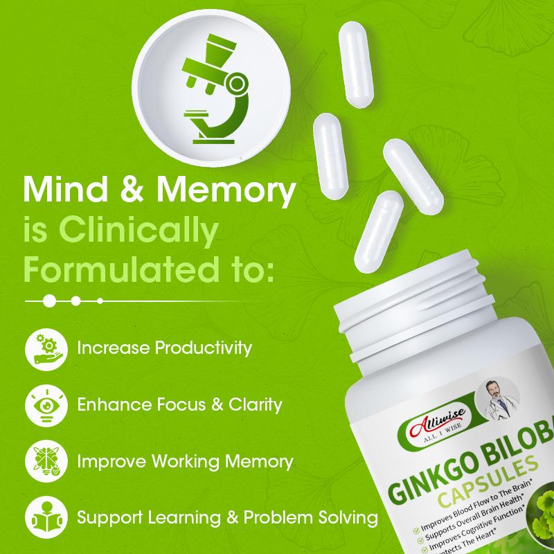 Alliwise Ginkgo Biloba Vegetarian Capsules Extra Supports Brain Function Memory Support
