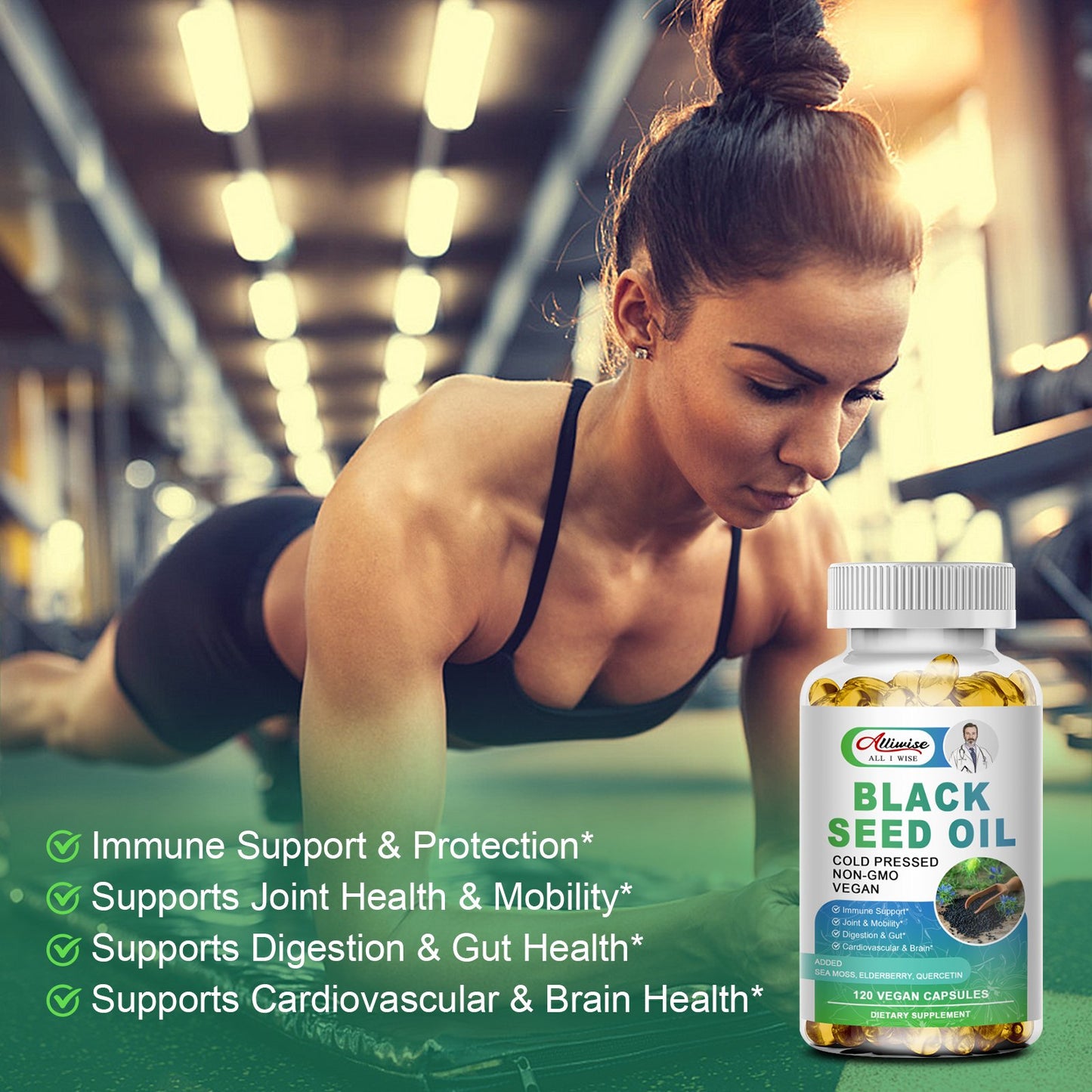 Alliwise Black Seed Oil Capsules Cold Pressed Nigella Sativa Black Cumin Seed Oil, Supports Immune System&Cardiovascular Health, Digestive Health,Joint & Skin Health