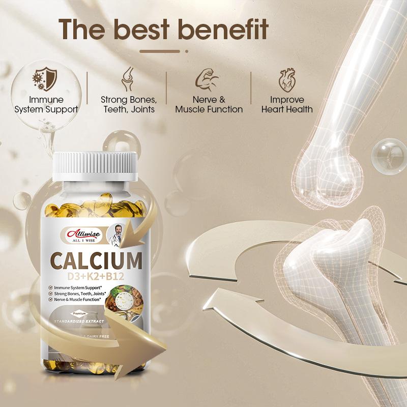 Alliwise Calcium Vitamins Soft Capsules 600mcg with Vitamin D3 K2 B12 5000 IU Calcium Supplements 4-in-1 for Women & Men for Heart, Bone & Body
